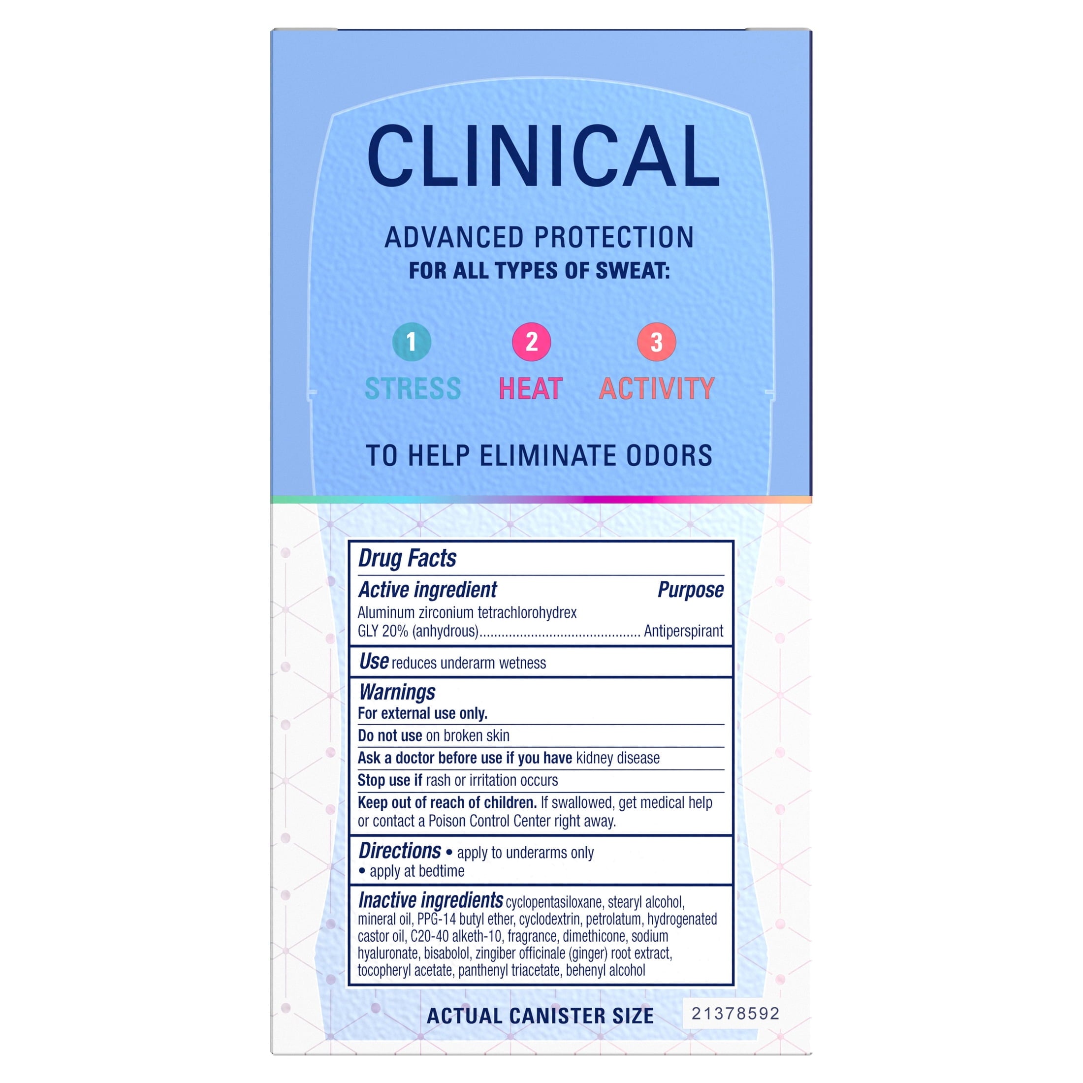 Clinical Antiperspirant Deodorant for Women, 100HR Sweat &amp; Odor Protection, Hyaluronic Acid, Invisible Solid, Completely Clean, 1.6 oz