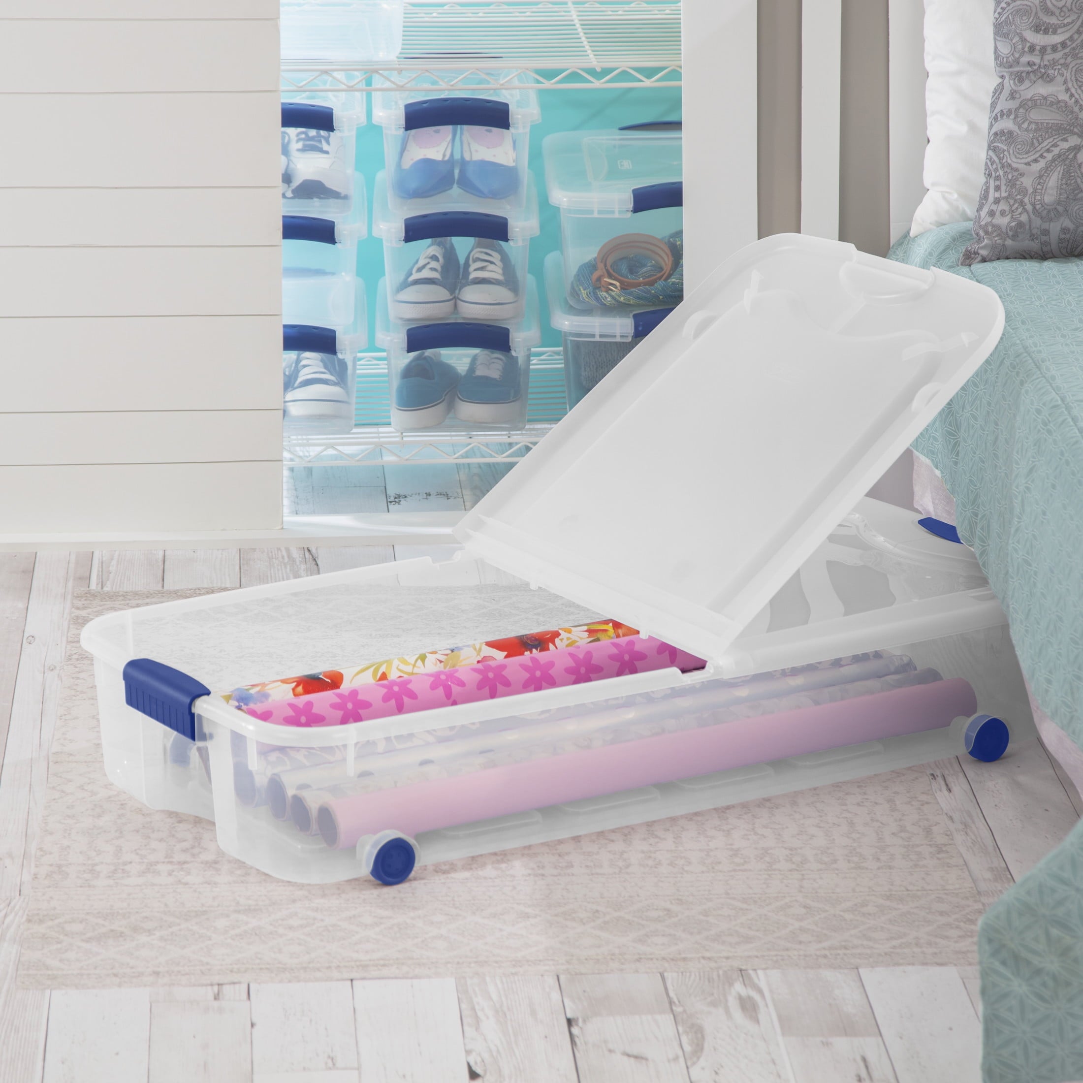 66 Quart Latching Underbed Wheeled Storage Bin, Clear Plastic Storage Container with Latch Lid, Blue