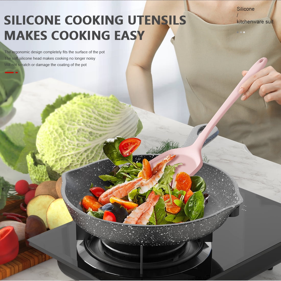 Black Silicone Cooking Utensils Set - 446°F Kitchen Utensils,Turner Tongs,Spatula,Spoon,Brush,Whisk,Kitchen Utensil Gadgets Tools Set for Nonstick Cookware, (BPA Free)