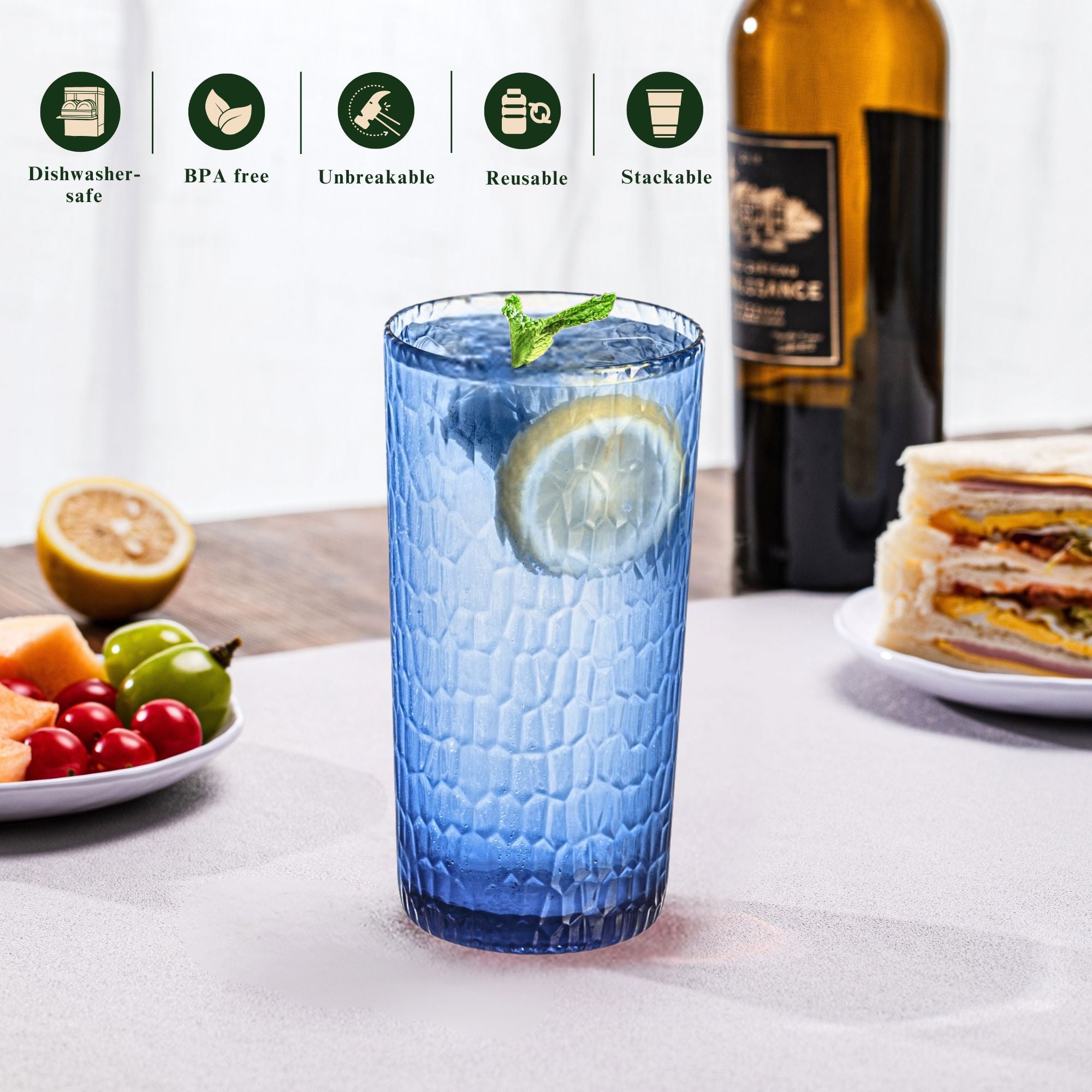 22oz Blue Acrylic Glasses Drinkware (Set of 6), Honeycomb Shatter-Proof Plastic Tumblers