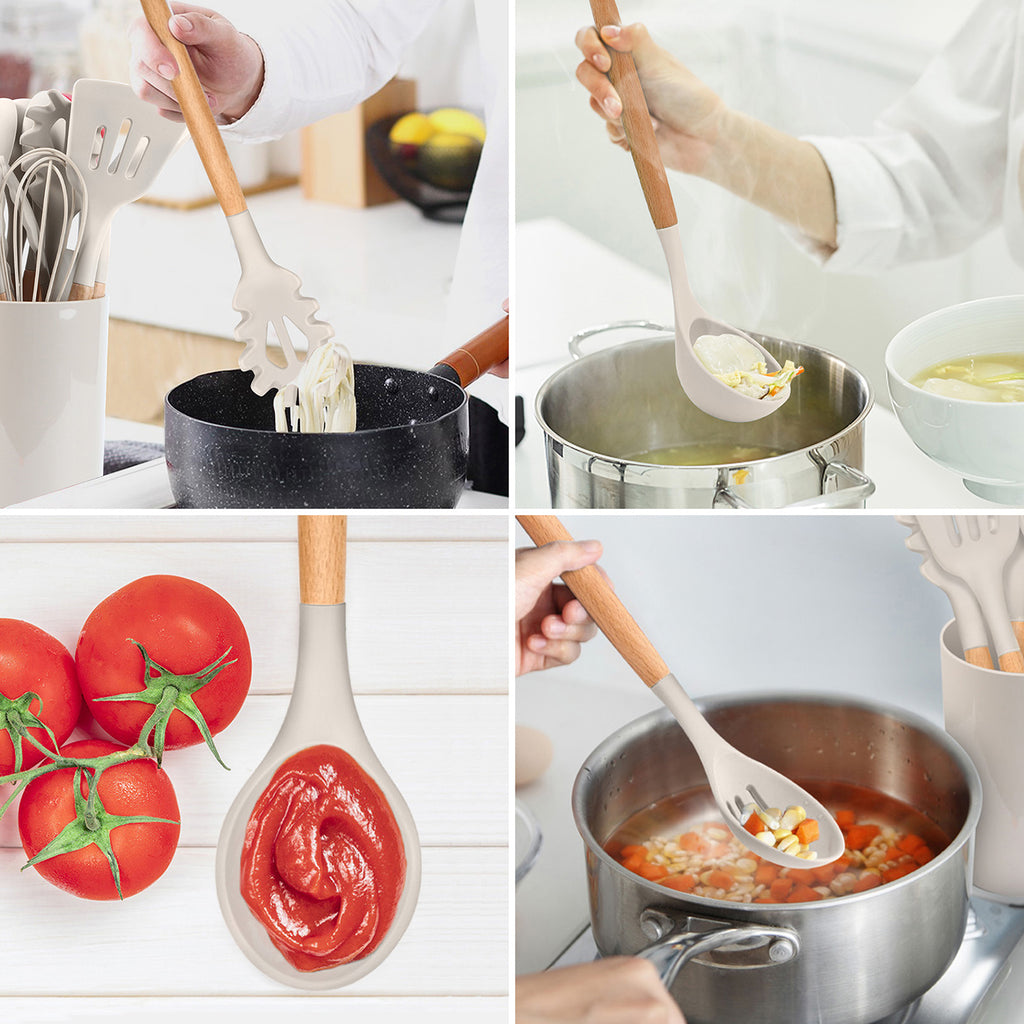 12-Piece Silicone Kitchen Cooking Utensils Set with Holder, Wooden Handle Utensils for Cooking, Kitchen Tools Include Spatula Turner Spoons Soup Ladle Tong Whisk, Black
