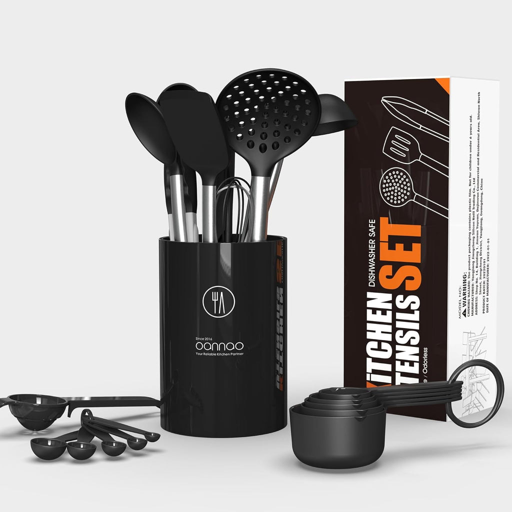 Large Silicone Cooking Utensils Set - Kitchen Utensils,Turner Tongs,Spatula,Spoon,Brush,Whisk,Stainless Steel Silicone Cooking Tool for Nonstick Cookware, (Khaki)