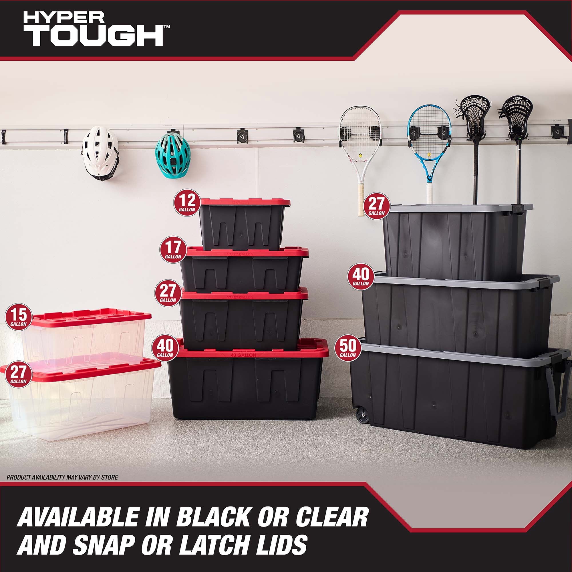 17 Gallon Medium Storage Bin with Snap Lid, Black and Red, Heavy Duty Plastic Storage Container
