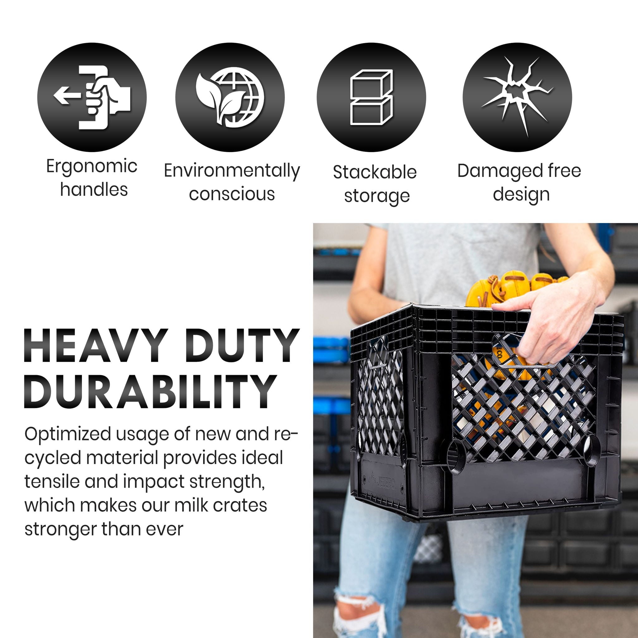 16QT Heavy-Duty Plastic Milk Crate Black with Built-in Handles