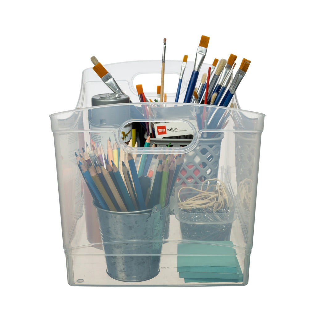 Clear Plastic Utility Storage Bin Organizer with Built-In Handles, Large Storage Container for Pantry, Closet, Cabinet and Shelf Organization, 15.3" x 10.4" x 9.8"