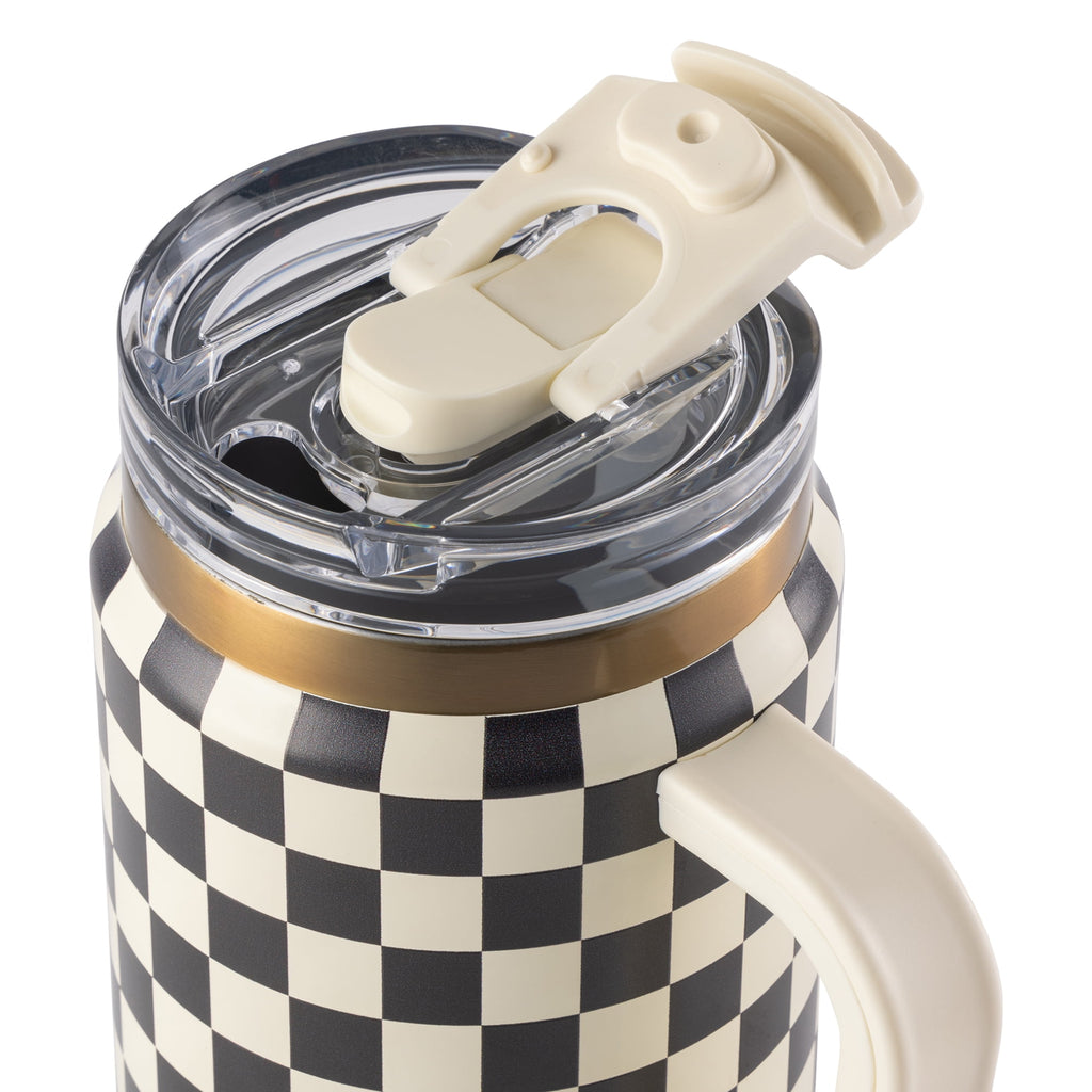 Thyme &amp; Table 32 fl oz Stainless Steel Luna Tumbler with Handle and Dual Straw Lid, Cream &amp; Black Check