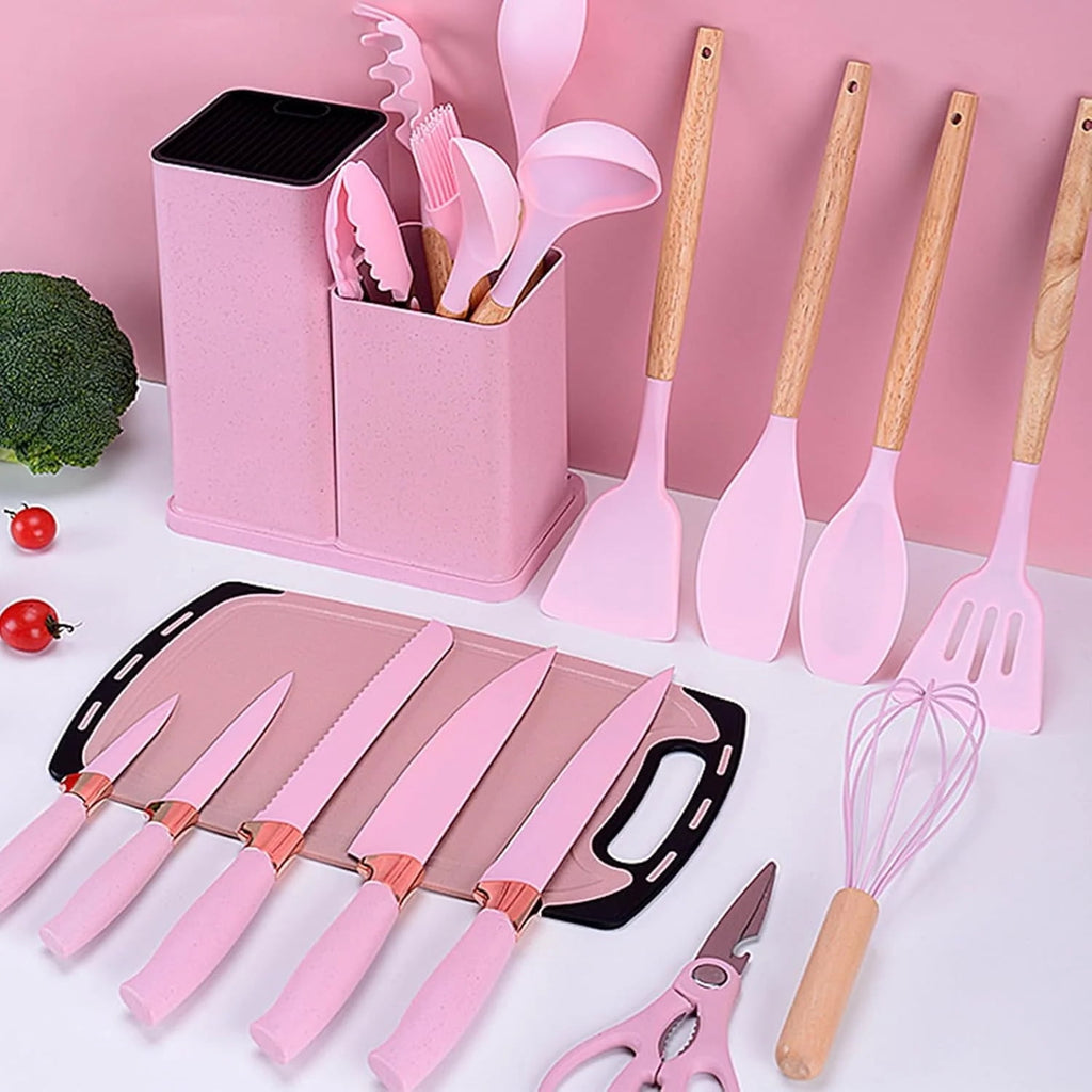 Silicone Cooking Utensils Set, BPA Free Pink Baking Tools Kitchen Knife 19 Pc