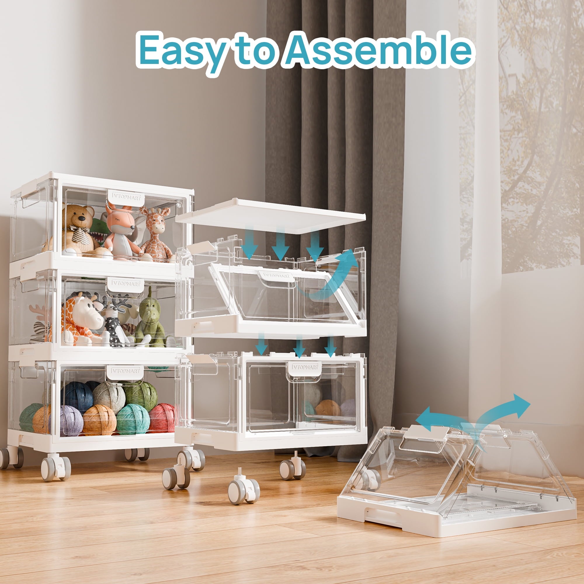 3-Layer Storage Bins, 72Qt Large Storage Containers with Lids, Storage Bins with wheels for Home Office Bedroom, Bathroom, White