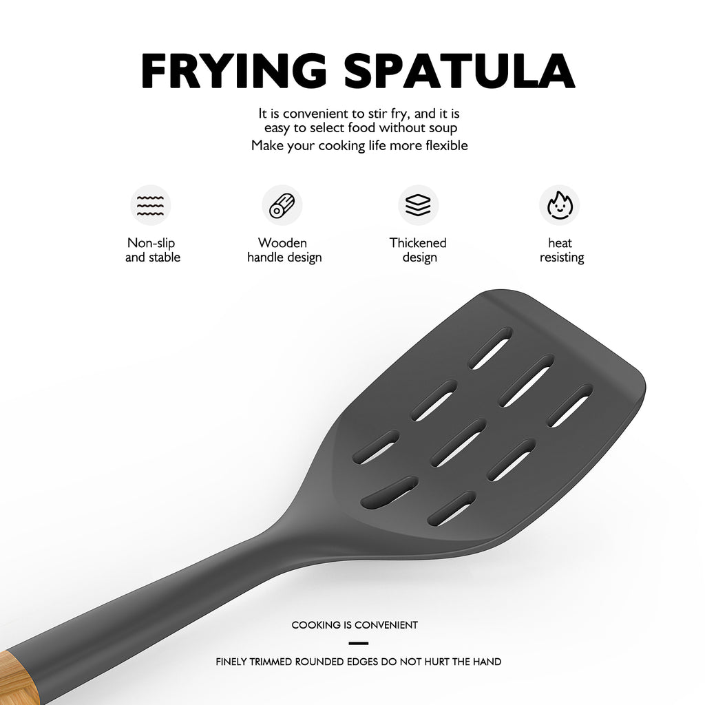 Large Silicone Cooking Utensils - Kitchen Utensil Set with Wooden Handles, Spatula,Turner, Slotted Spoon, Pasta server, Kitchen Gadgets Tools Sets for Non-Stick Cookware (Khaki)