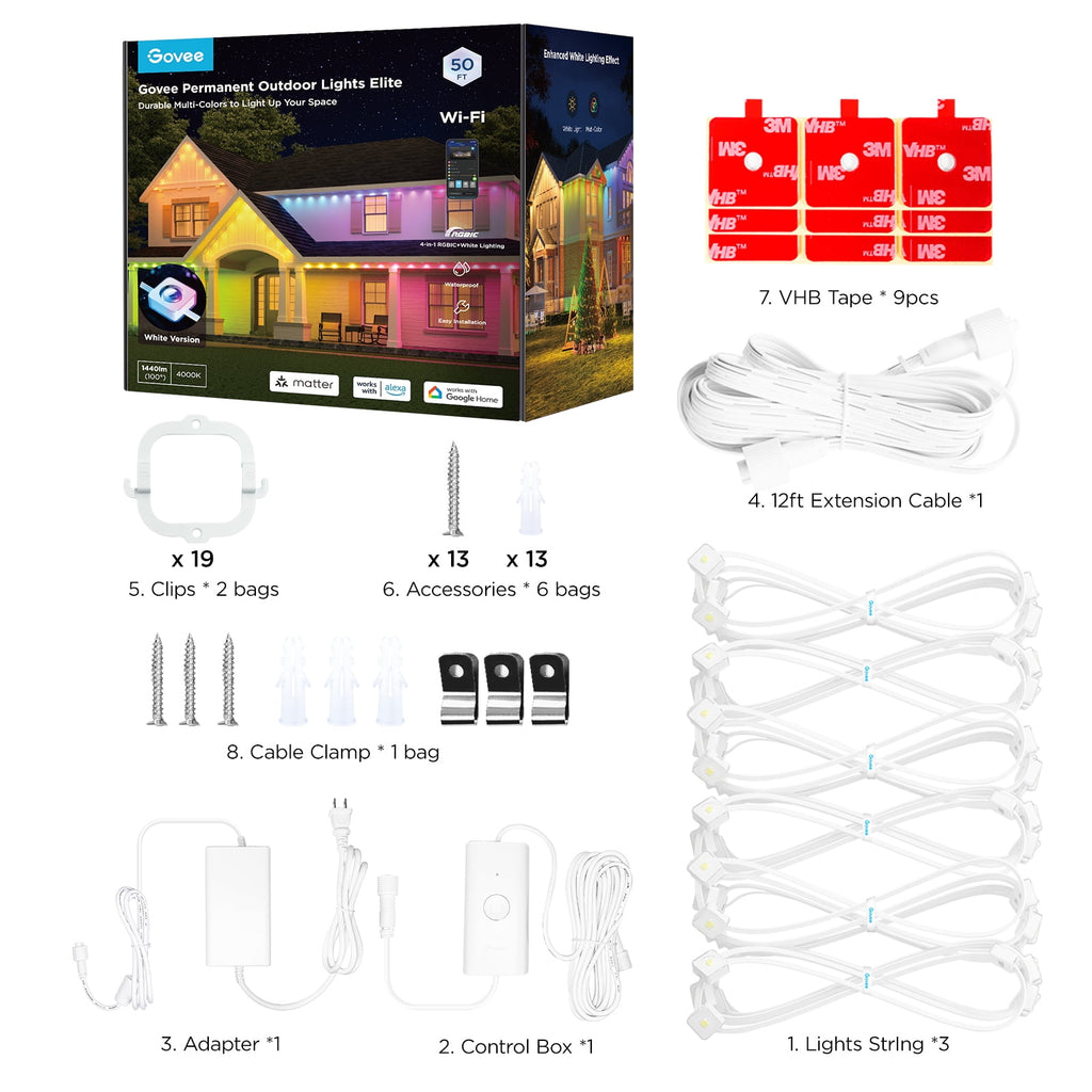 Permanent Outdoor Light 2 (Elite), RGBICW 16 Million Colors Outside Lights with 100 preset modes,IP67 Waterproof,Holiday Decorations For Christmas,Google,Alexa Support,50ft,White