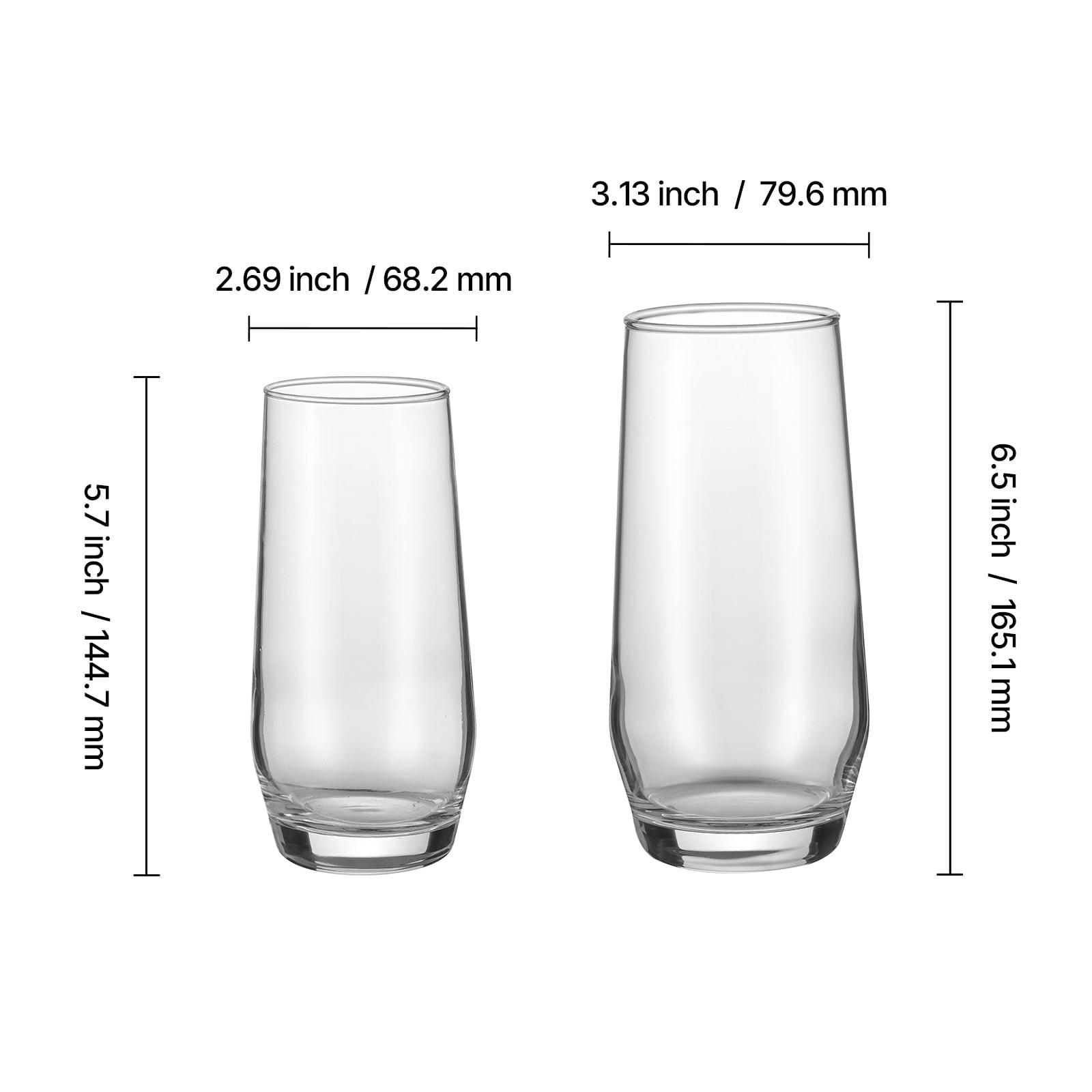 VEVOR Drinking Glasses Set, 16-Piece Crystal Glass Cups, Elegant Mixed Glassware Set, with 8 Pcs 18.26 Oz Highball and 8 Pcs 11.5 Oz Cocktail Drinkware for Kitchen, Beer,Smoothie,Juice,Soda,Wine