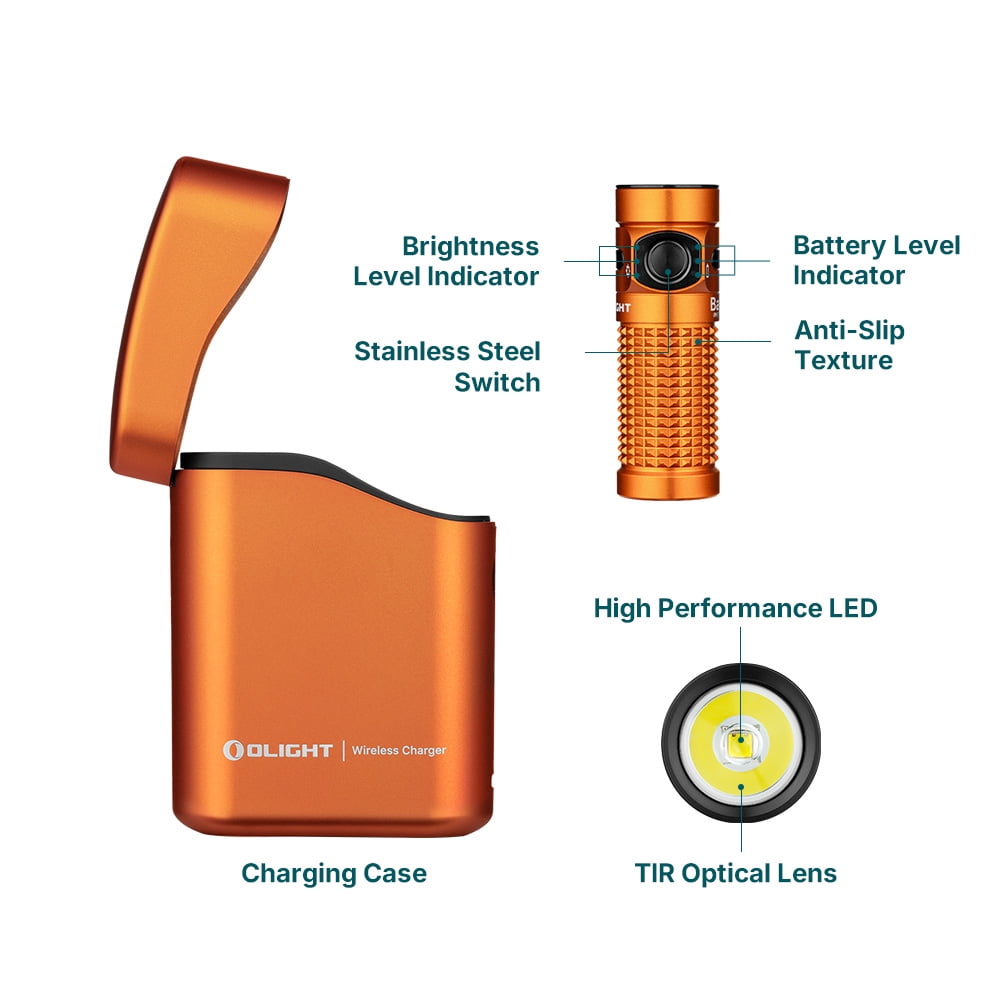 Baton4 Premium Edition EDC Flashlights 1300 Lumens with Type-C Charging Box, Powered by Battery, Small Bright Light IPX8 Waterproof for Emergencies, Outdoors (Orange)
