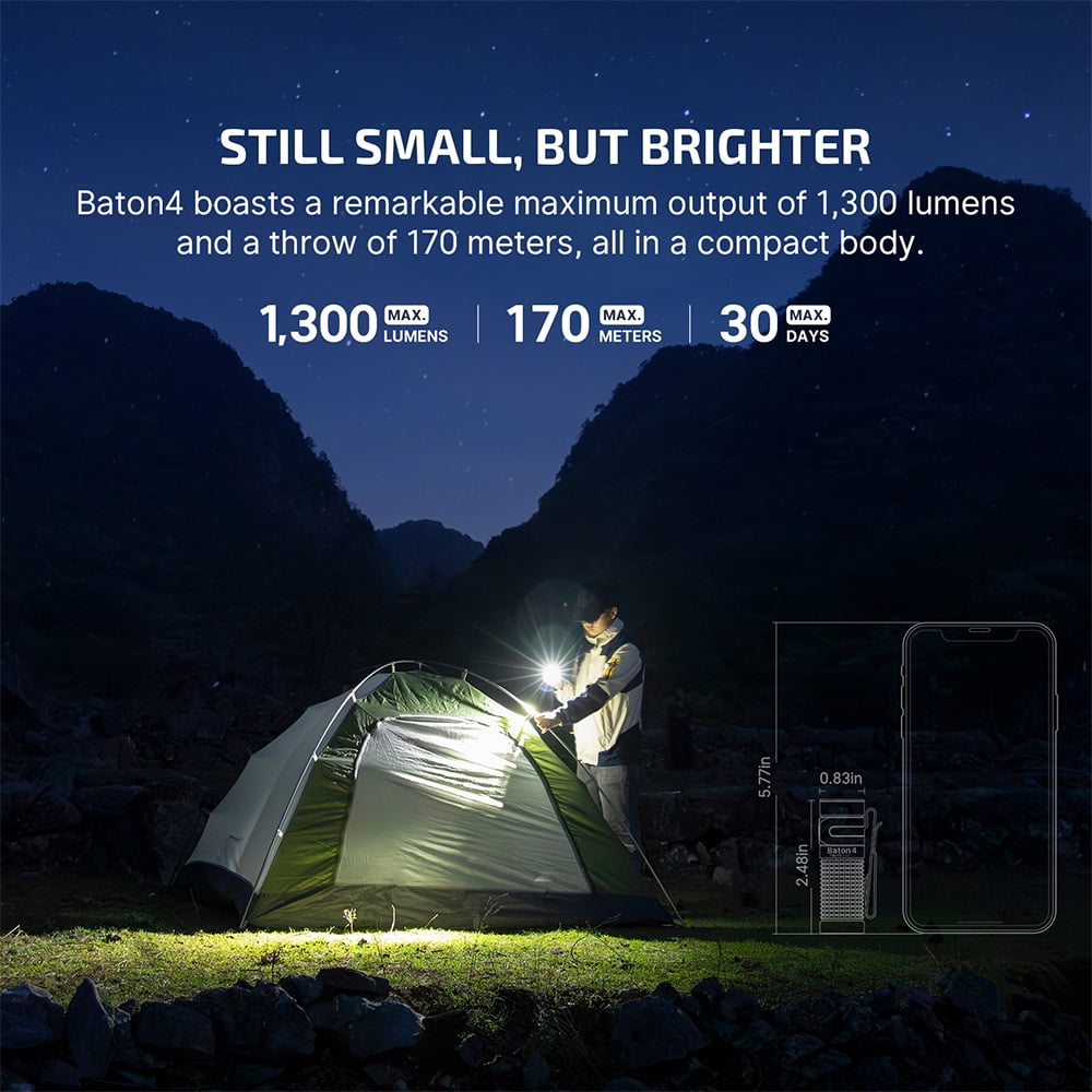 Baton4 Premium Edition EDC Flashlights 1300 Lumens with Type-C Charging Box, Powered by Battery, Small Bright Light IPX8 Waterproof for Emergencies, Outdoors (Orange)