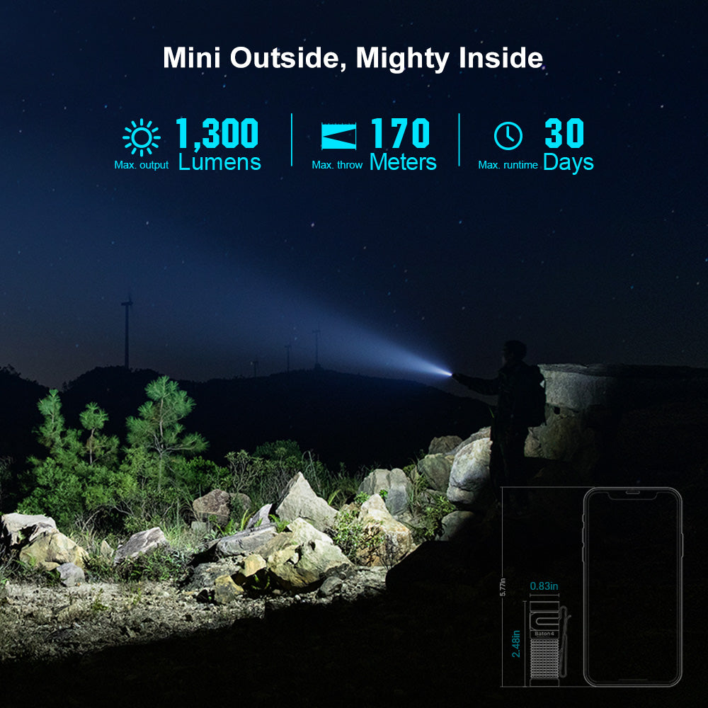 Baton4 Premium Edition EDC Flashlights 1300 Lumens with Type-C Charging Box, Powered by Battery, Small Bright Light IPX8 Waterproof for Emergencies, Outdoors (Orange)
