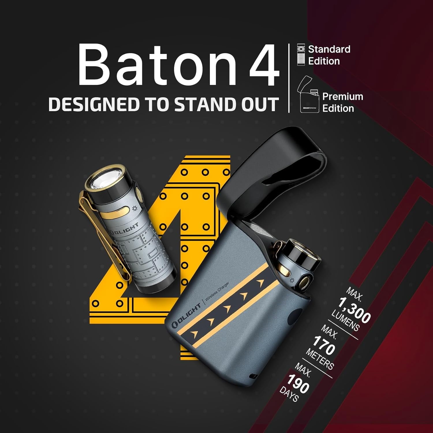 Baton4 Premium Edition EDC Flashlights 1300 Lumens with Type-C Charging Box, Powered by Battery, Small Bright Light IPX8 Waterproof for Emergencies, Outdoors (Orange)