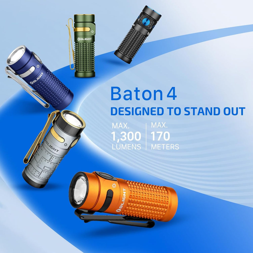 Baton4 Premium Edition EDC Flashlights 1300 Lumens with Type-C Charging Box, Powered by Battery, Small Bright Light IPX8 Waterproof for Emergencies, Outdoors (Orange)