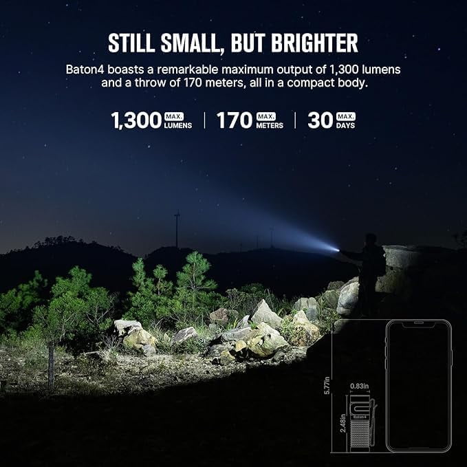 Baton4 Premium Edition EDC Flashlights 1300 Lumens with Type-C Charging Box, Powered by Battery, Small Bright Light IPX8 Waterproof for Emergencies, Outdoors (Orange)
