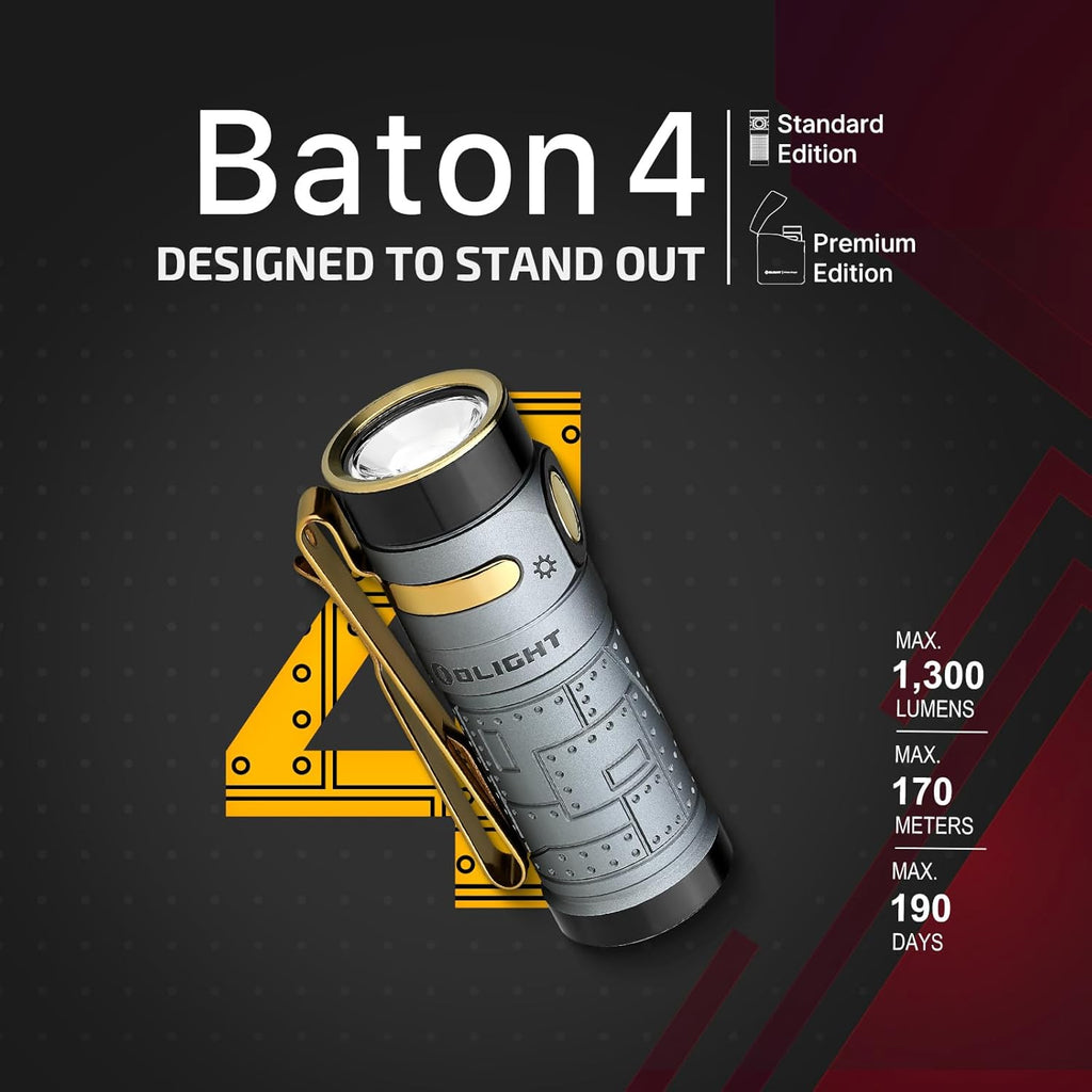 Baton4 Premium Edition EDC Flashlights 1300 Lumens with Type-C Charging Box, Powered by Battery, Small Bright Light IPX8 Waterproof for Emergencies, Outdoors (Orange)