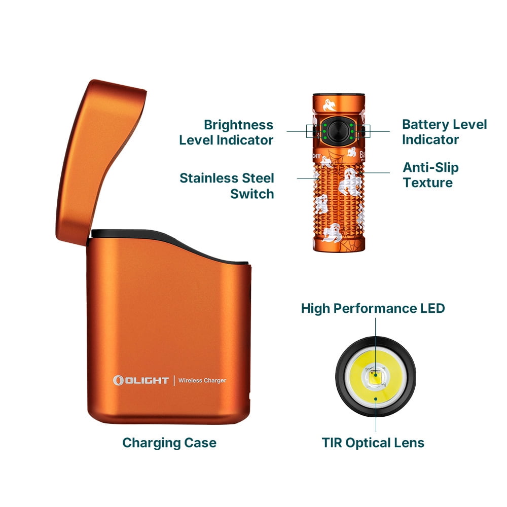 Baton4 Premium Edition EDC Flashlights 1300 Lumens with Type-C Charging Box, Powered by Battery, Small Bright Light IPX8 Waterproof for Emergencies, Outdoors (Orange)