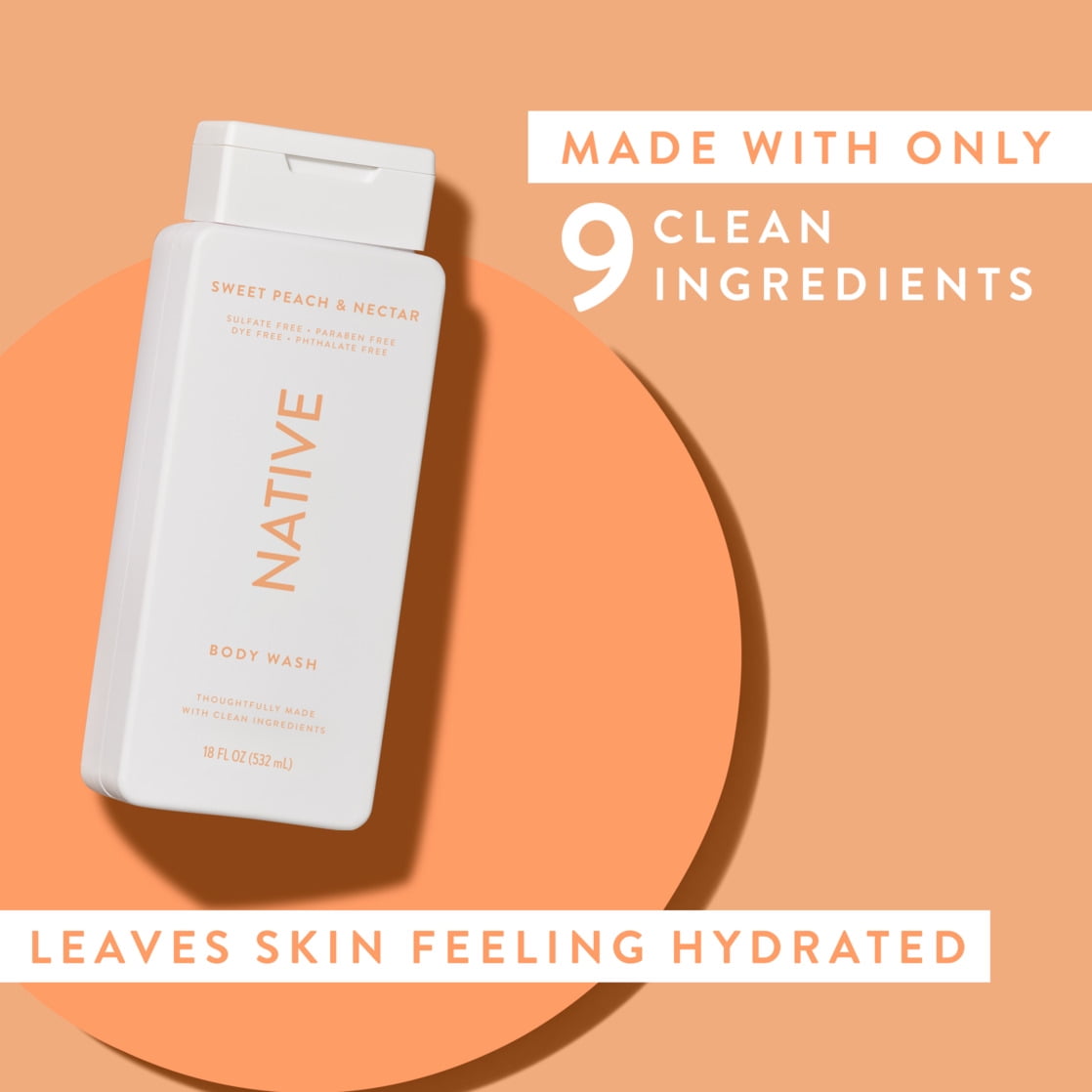 Body Wash, Sweet Peach &amp; Nectar, Sulfate Free, Naturally Derived Ingredients, 24hr Freshness, for Women &amp; Men, 18 fl oz