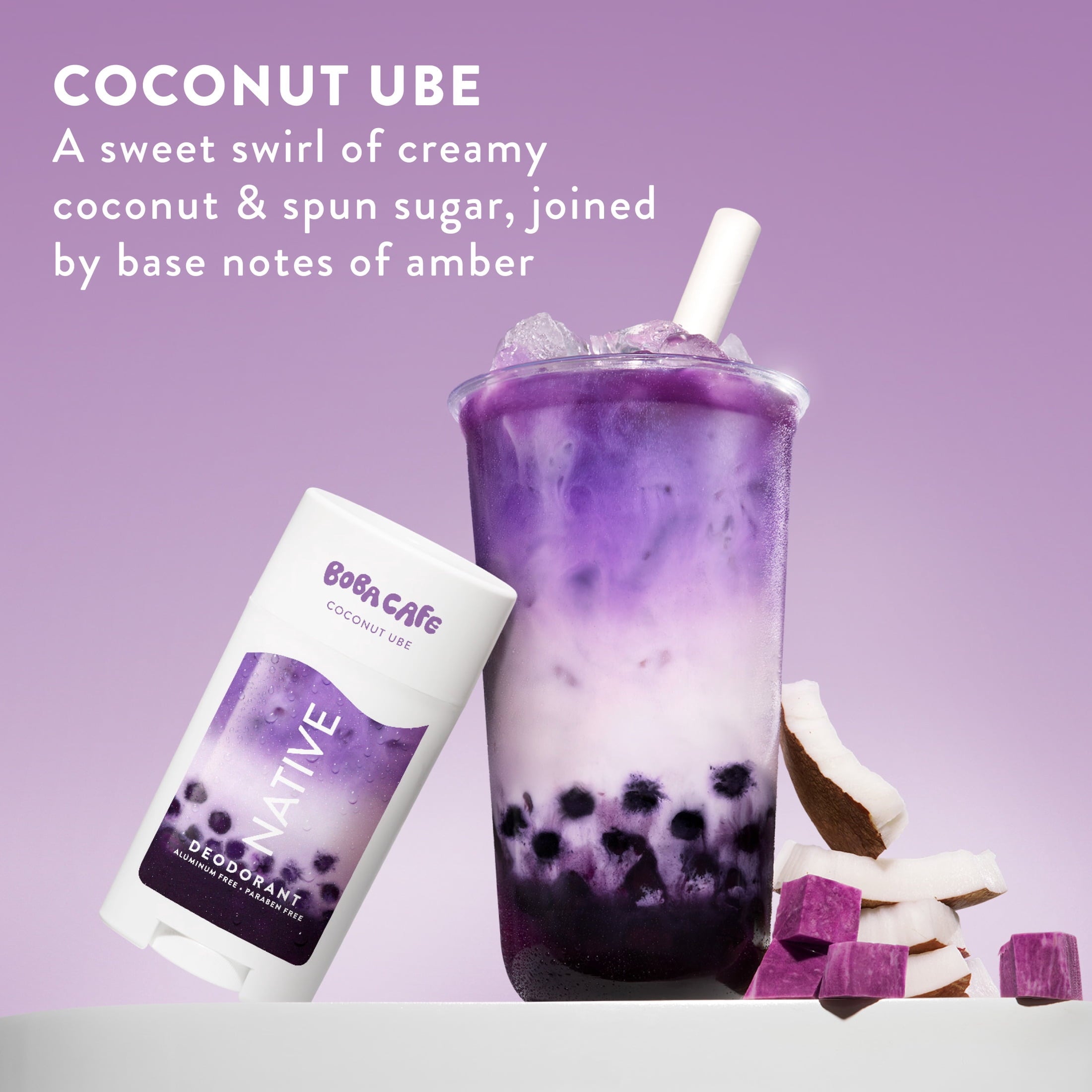 Aluminum Free Deodorant, Limited Edition Coconut Ube, 72 Hour Odor Protection, for Women and Men, Boba Café, 2.65oz