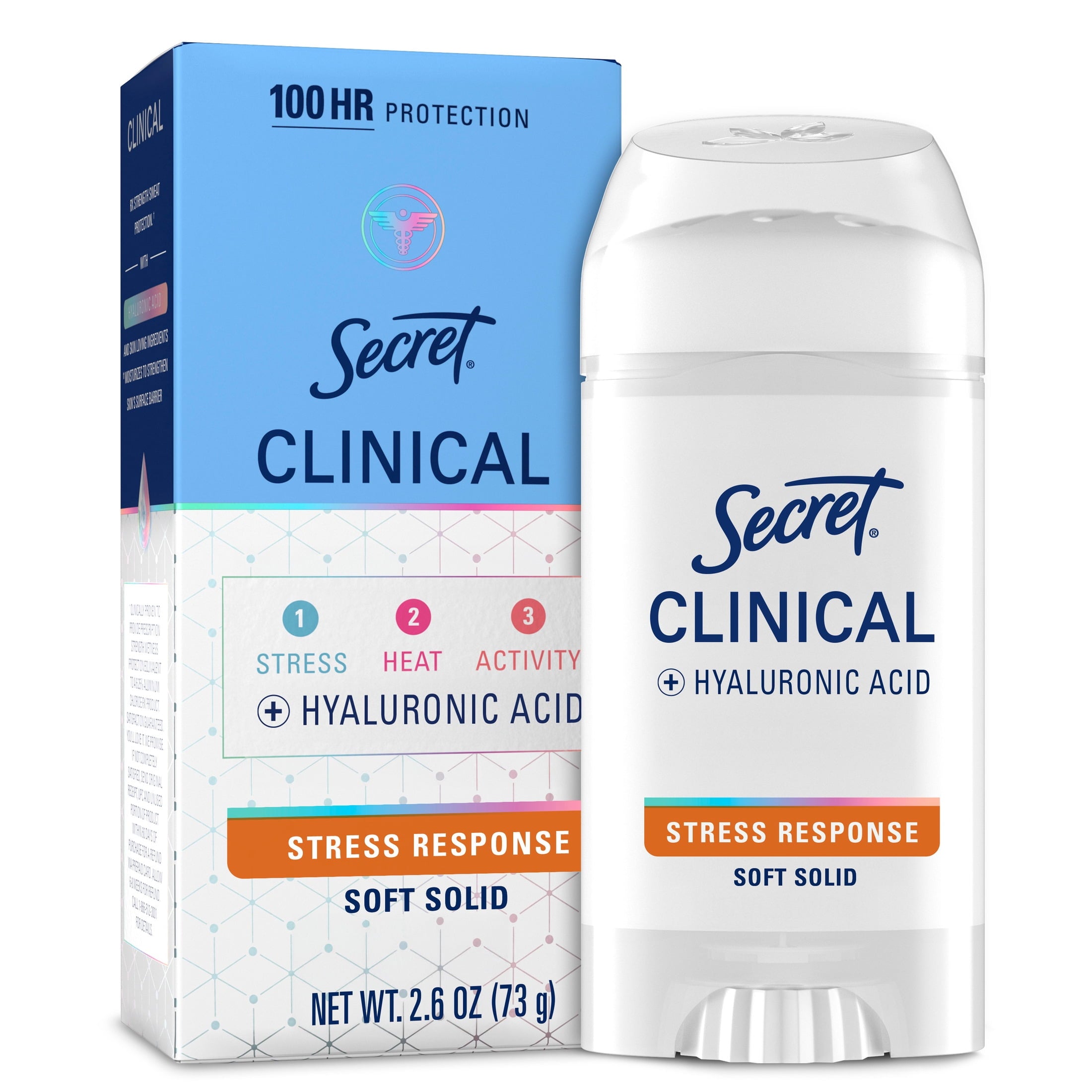 Clinical Antiperspirant Deodorant for Women, 100HR Sweat &amp; Odor Protection, Hyaluronic Acid, Soft Solid, Stress Response, 2.6 oz
