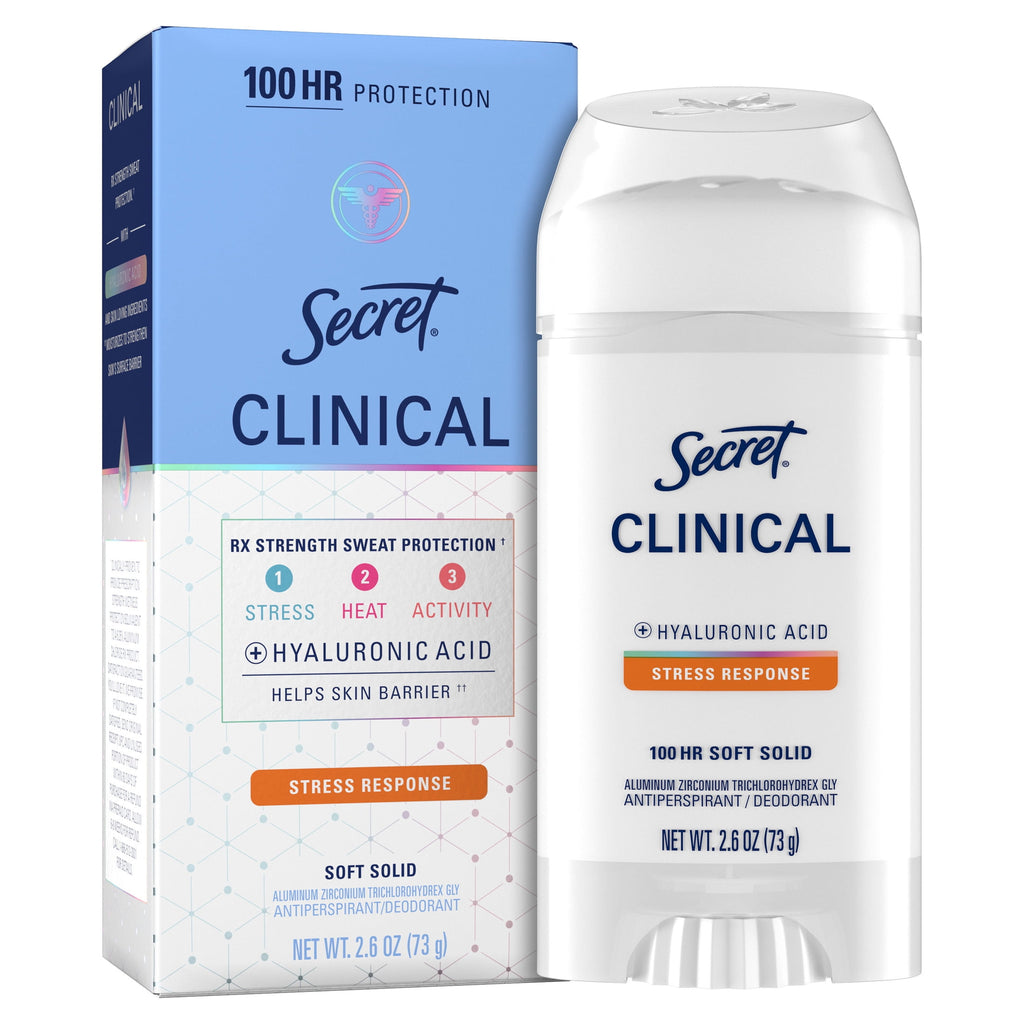 Clinical Antiperspirant Deodorant for Women, 100HR Sweat &amp; Odor Protection, Hyaluronic Acid, Soft Solid, Stress Response, 2.6 oz