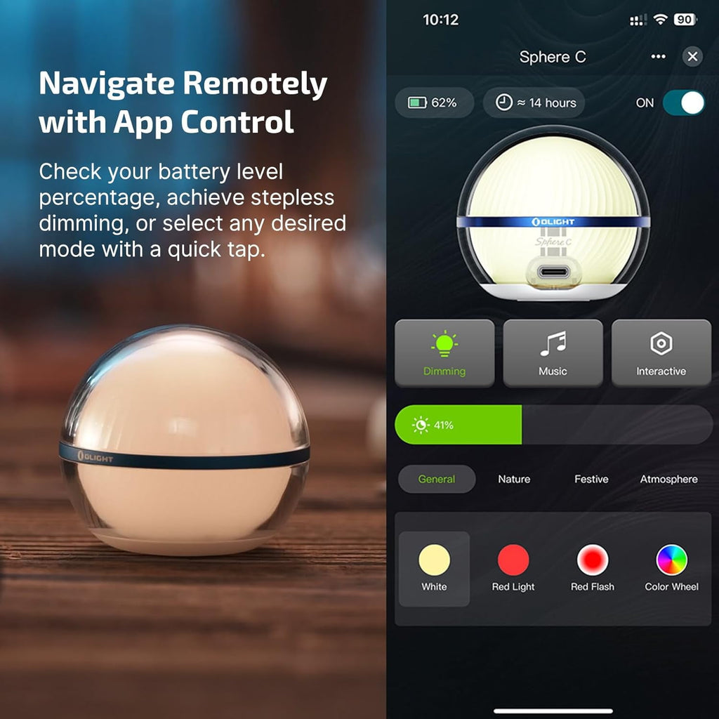 Sphere C Smart Night Light, USB-C Rechargeable, App Control Ambient Lighting, 75 Lumens Stepless Dimming Nightlamp, Portable for Parties, Camping, Reading or Bedrooms (Type-C Cable Excluded)