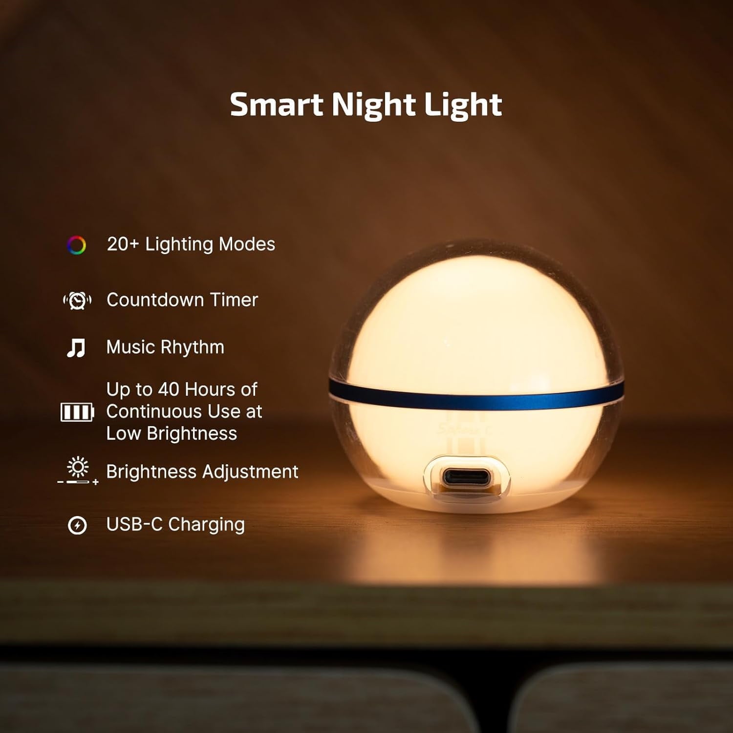 Sphere C Smart Night Light, USB-C Rechargeable, App Control Ambient Lighting, 75 Lumens Stepless Dimming Nightlamp, Portable for Parties, Camping, Reading or Bedrooms (Type-C Cable Excluded)