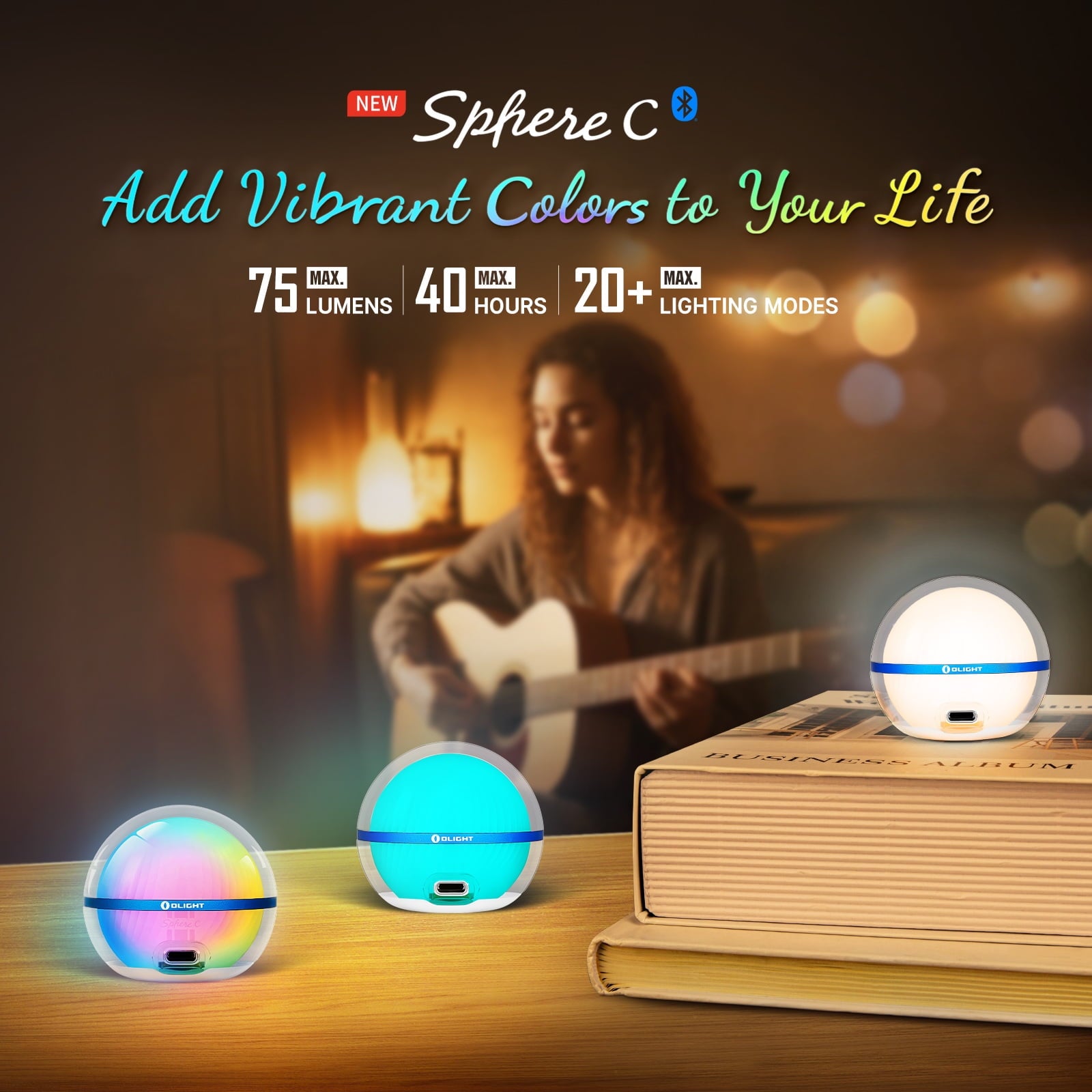 Sphere C Smart Night Light, USB-C Rechargeable, App Control Ambient Lighting, 75 Lumens Stepless Dimming Nightlamp, Portable for Parties, Camping, Reading or Bedrooms (Type-C Cable Excluded)