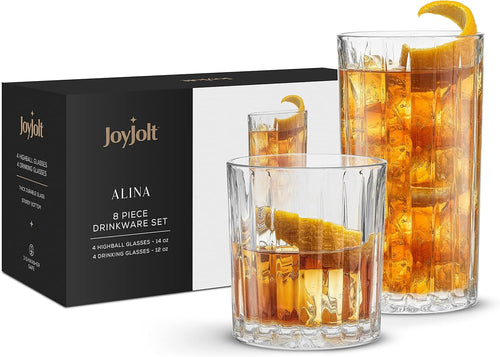 Alina Clear Ribbed Glass Drinking Glass Set, Highball Glasses and Tumbler Glasses - Set of 8