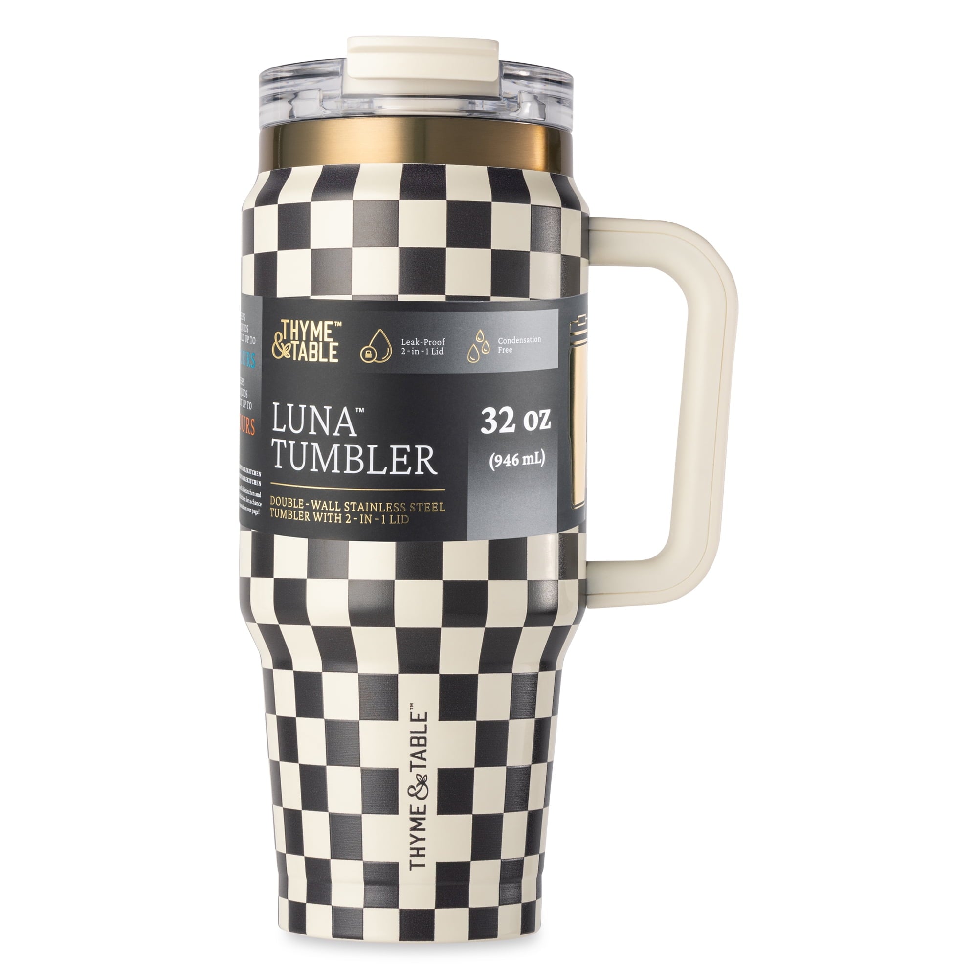 Thyme &amp; Table 32 fl oz Stainless Steel Luna Tumbler with Handle and Dual Straw Lid, Cream &amp; Black Check