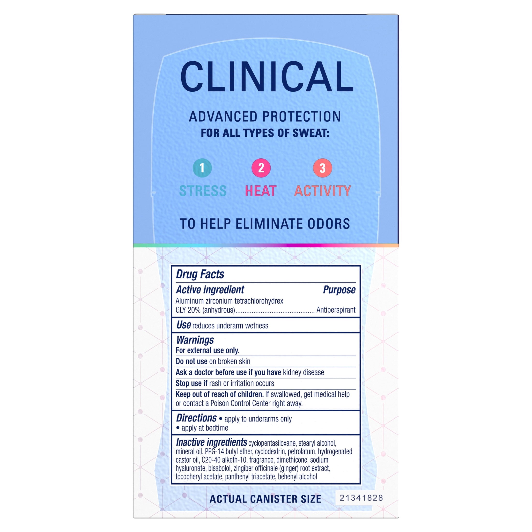 Clinical Antiperspirant Deodorant for Women, 100HR Sweat &amp; Odor Protection, Hyaluronic Acid, Invisible Solid, Clean Lavender, 1.6 oz