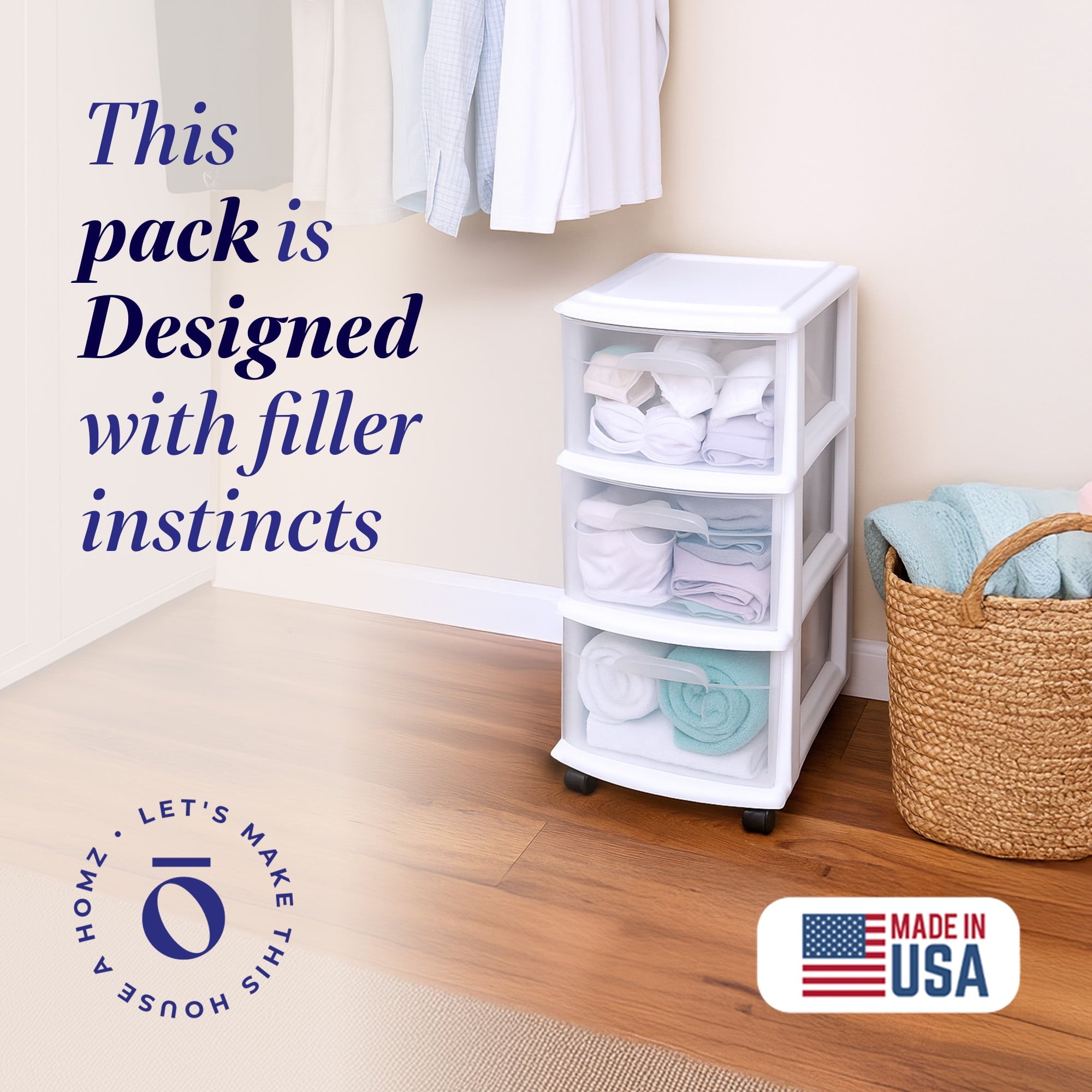Drawer Tower, 3-Tier Clear Plastic Rolling Storage Cart, Removable Wheels, White