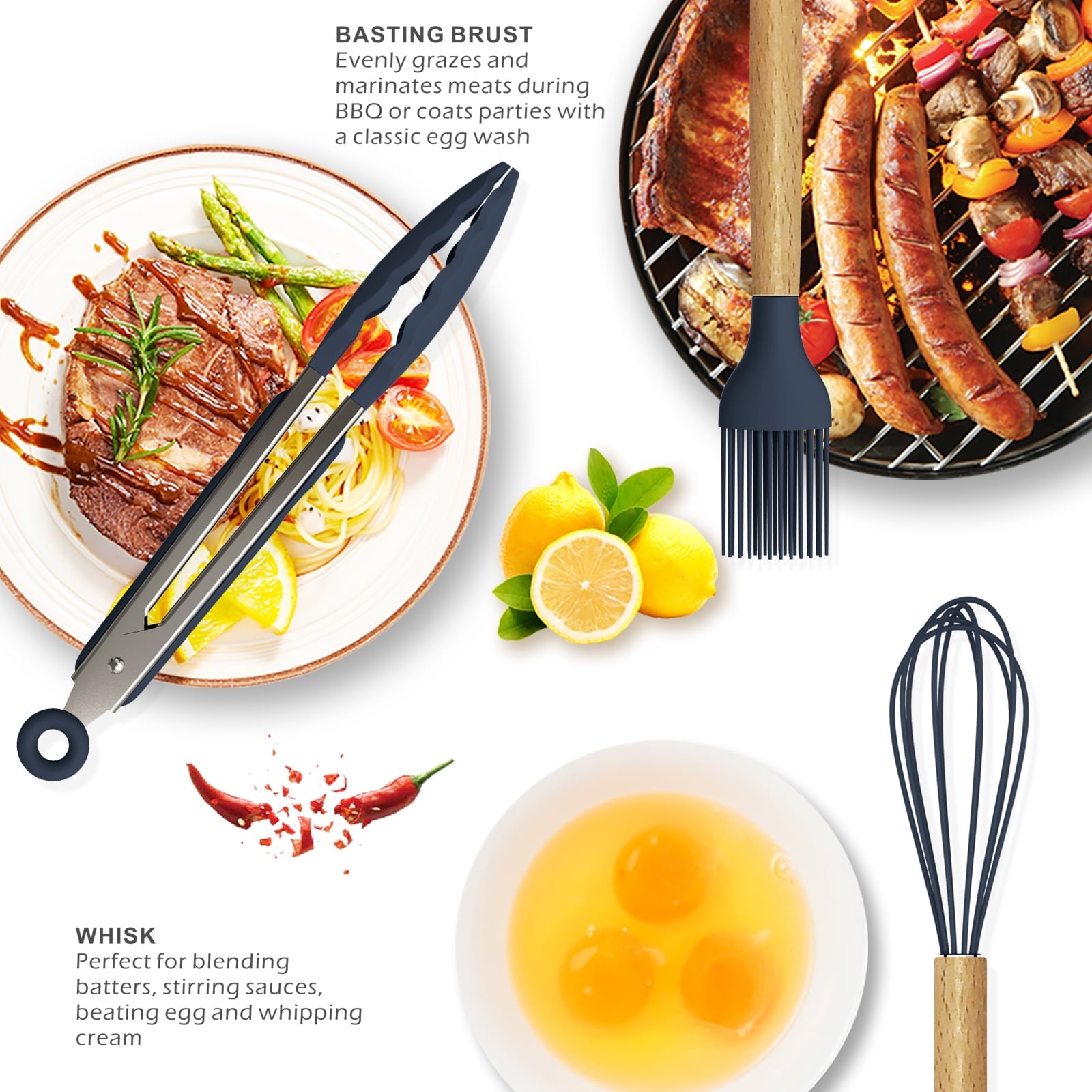 Silicone Cooking Utensils Set - 446°F Silicone Kitchen Utensils for Cooking,Kitchen Utensil Spatula Set w Wooden Handles and Holder, BPA FREE Gadgets for Non-Stick Cookware (Navy Blue)