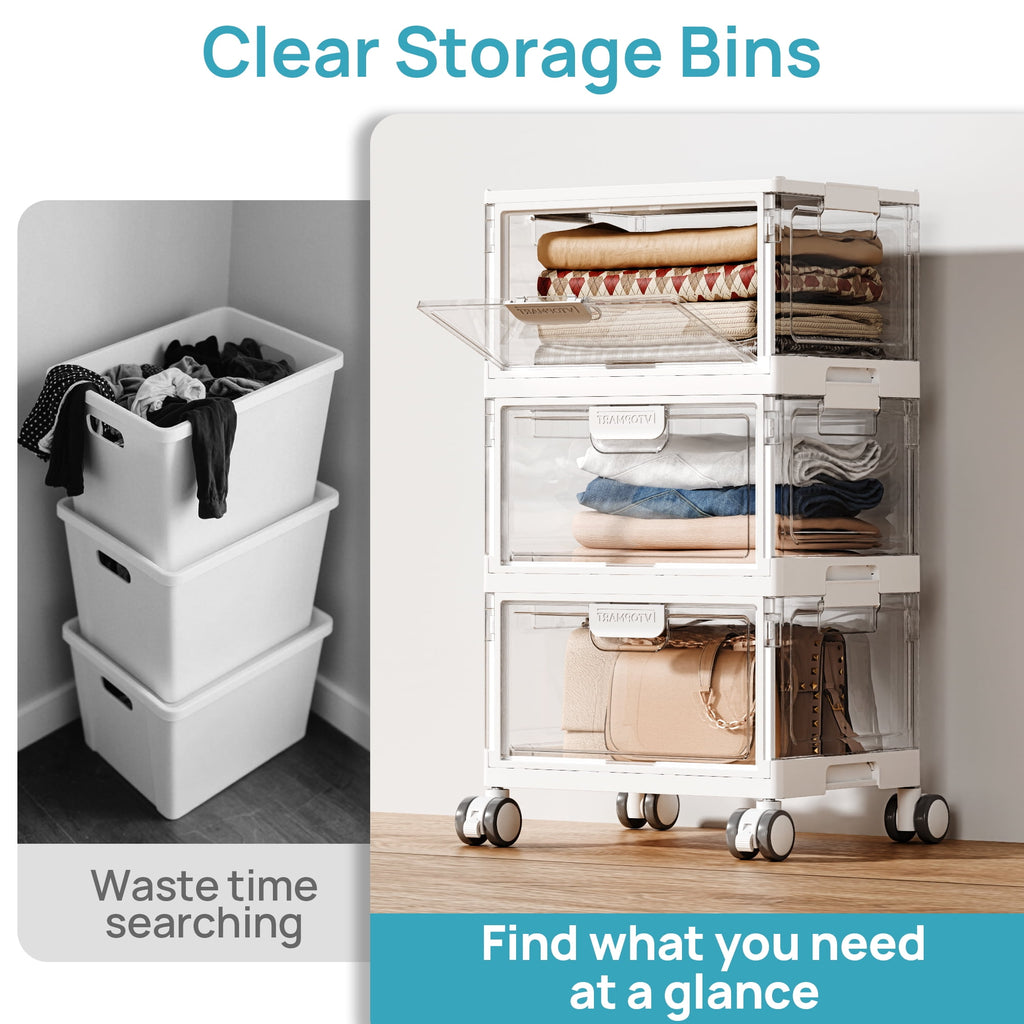 3-Layer Storage Bins, 72Qt Large Storage Containers with Lids, Storage Bins with wheels for Home Office Bedroom, Bathroom, White