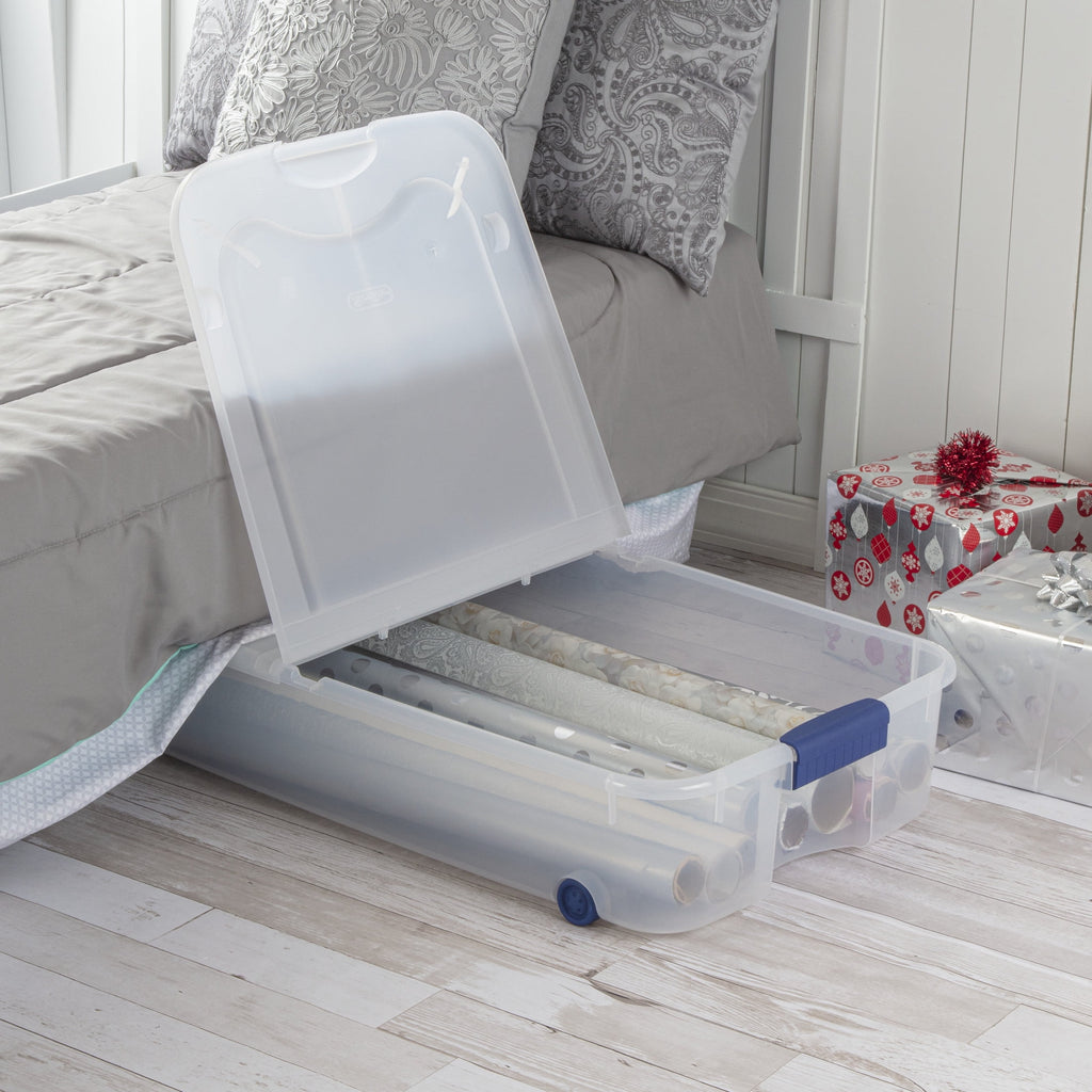 66 Quart Latching Underbed Wheeled Storage Bin, Clear Plastic Storage Container with Latch Lid, Blue