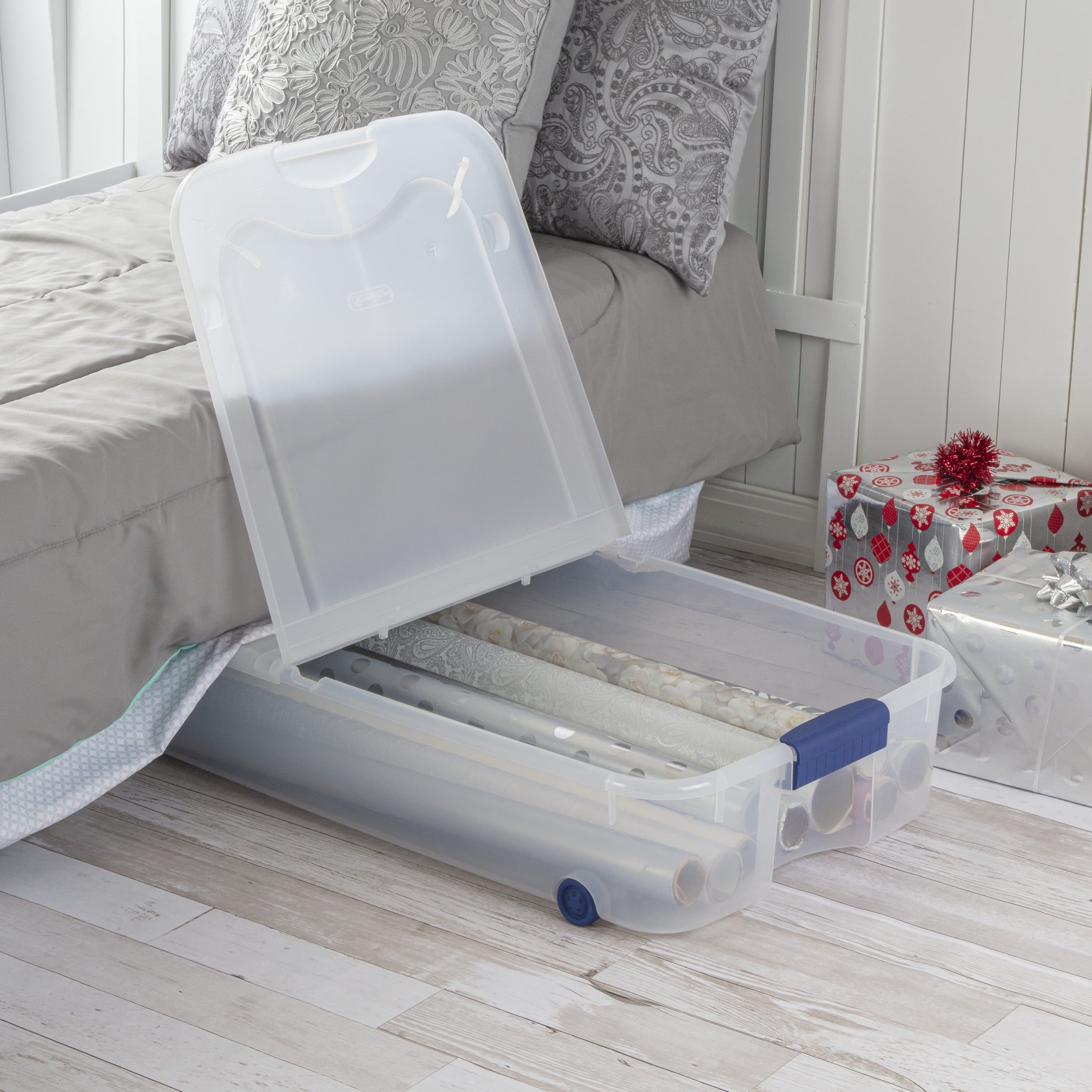 66 Quart Latching Underbed Wheeled Storage Bin, Clear Plastic Storage Container with Latch Lid, Blue