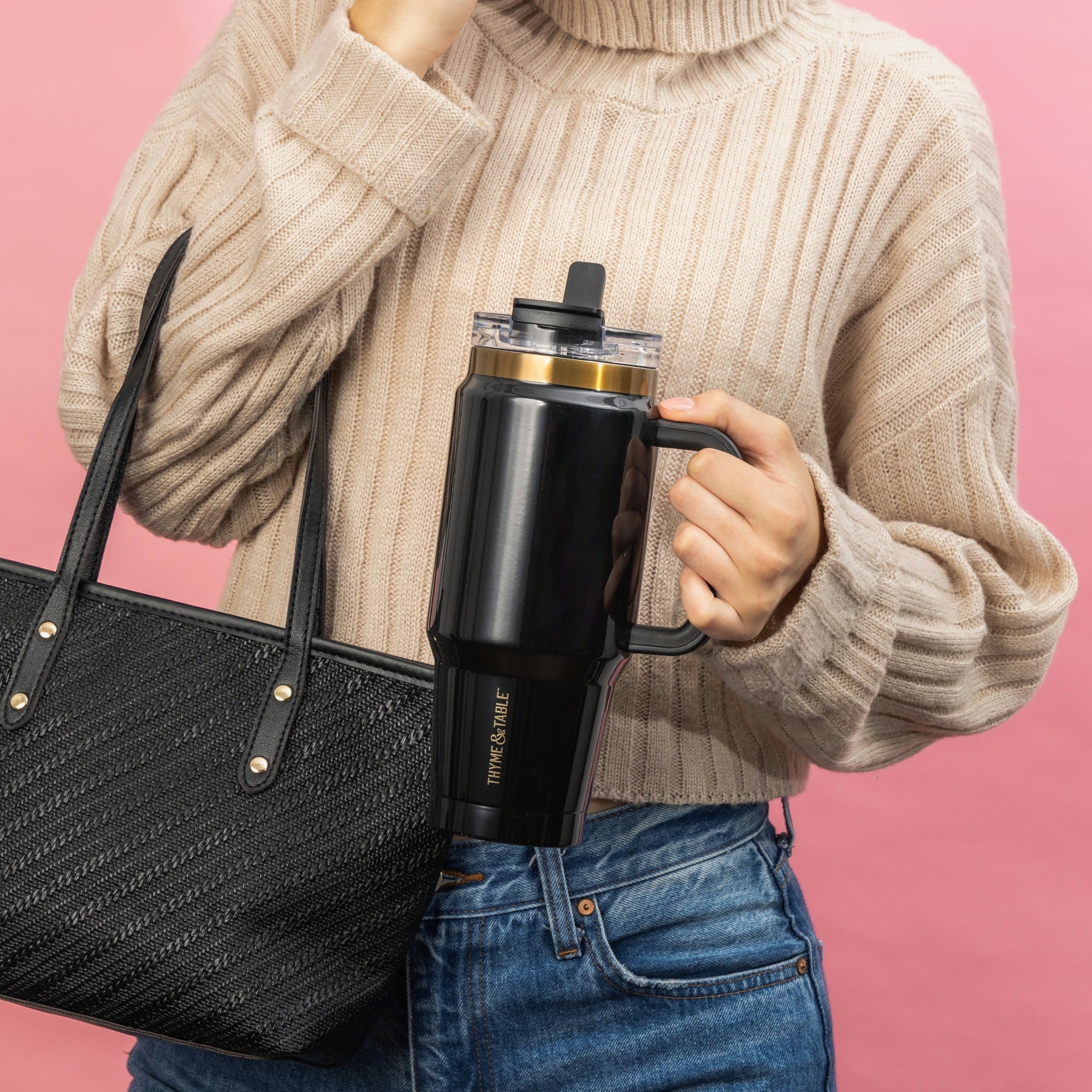 Thyme &amp; Table 32 fl oz Stainless Steel Luna Tumbler with Handle and Dual Straw Lid, Cream &amp; Black Check