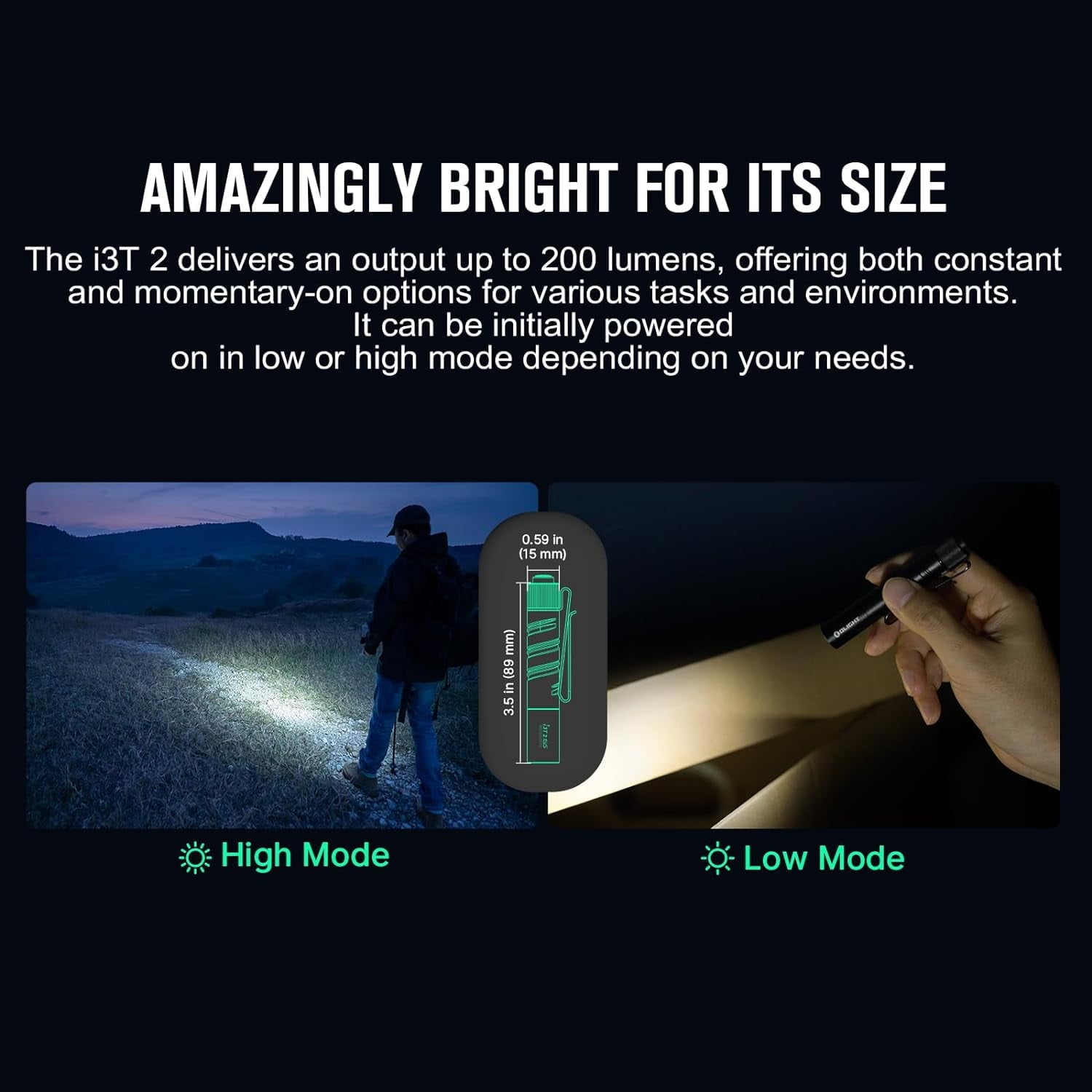 I3T 2 EOS Pocket EDC Flashlight, 200 Lumens Compact Bright Handheld Flash Lights, Dual-Output Tail Switch with AAA Battery and Two-Way Pocket Clip for Camping and Hiking (Black)