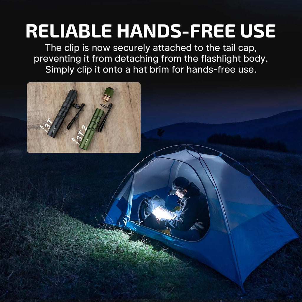 I3T 2 EOS Pocket EDC Flashlight, 200 Lumens Compact Bright Handheld Flash Lights, Dual-Output Tail Switch with AAA Battery and Two-Way Pocket Clip for Camping and Hiking (Black)