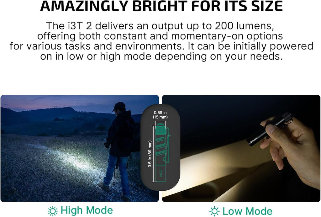 I3T 2 EOS Pocket EDC Flashlight, 200 Lumens Compact Bright Handheld Flash Lights, Dual-Output Tail Switch with AAA Battery and Two-Way Pocket Clip for Camping and Hiking (Black)