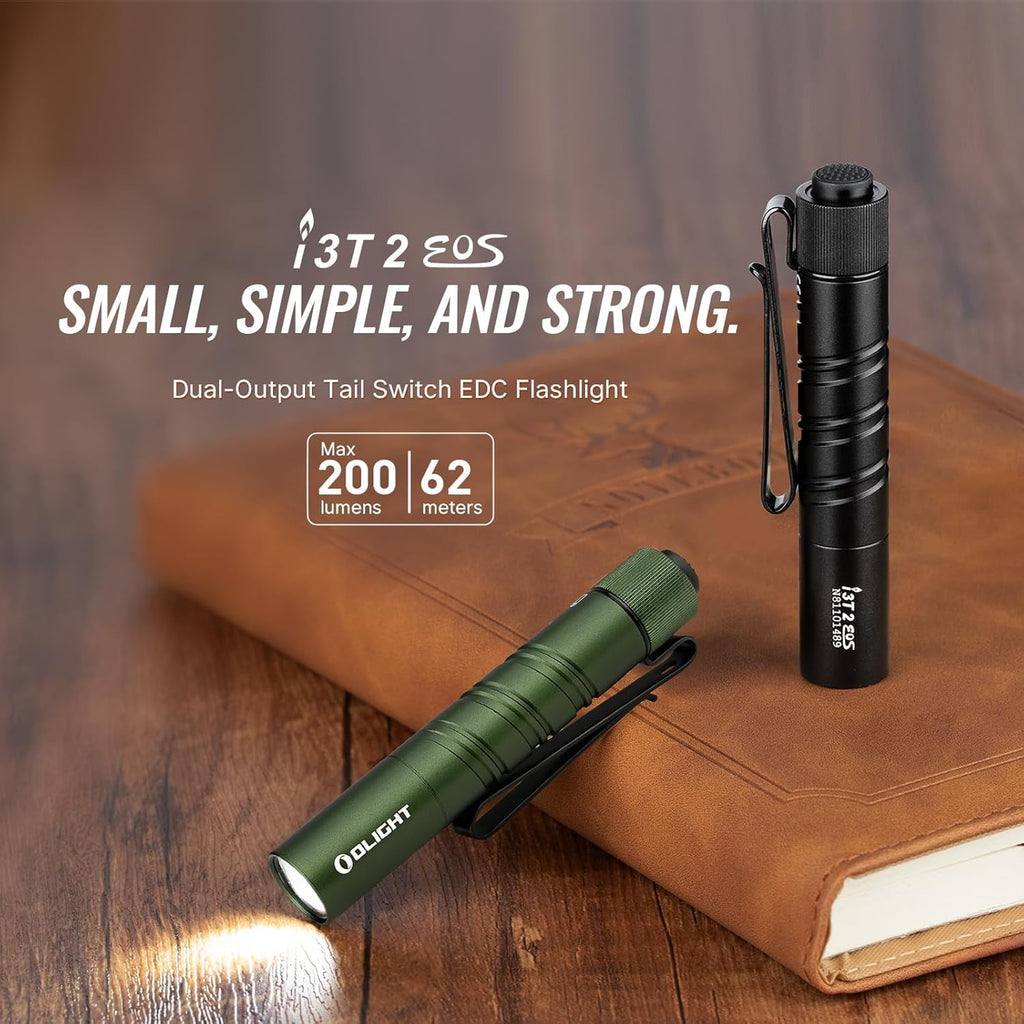 I3T 2 EOS Pocket EDC Flashlight, 200 Lumens Compact Bright Handheld Flash Lights, Dual-Output Tail Switch with AAA Battery and Two-Way Pocket Clip for Camping and Hiking (Black)