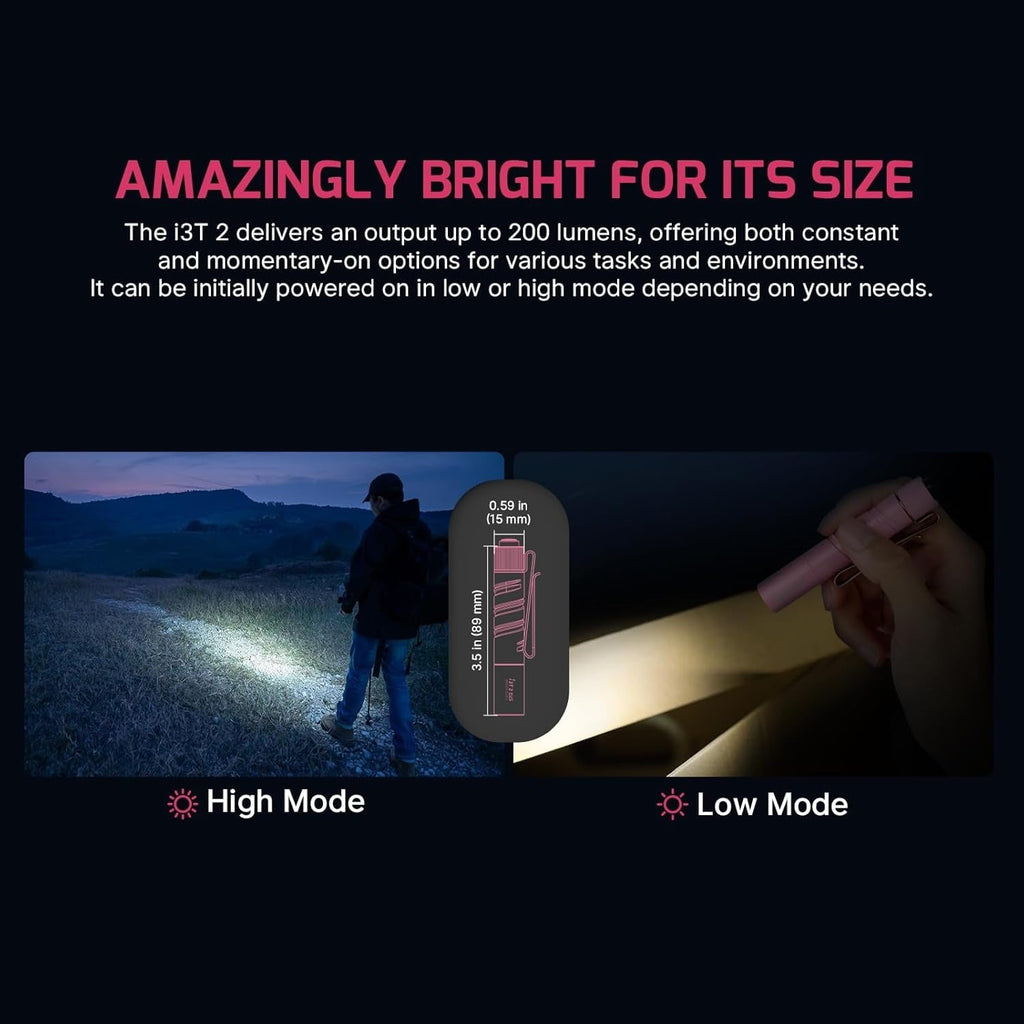 I3T 2 EOS Pocket EDC Flashlight, 200 Lumens Compact Bright Handheld Flash Lights, Dual-Output Tail Switch with AAA Battery and Two-Way Pocket Clip for Camping and Hiking (Black)