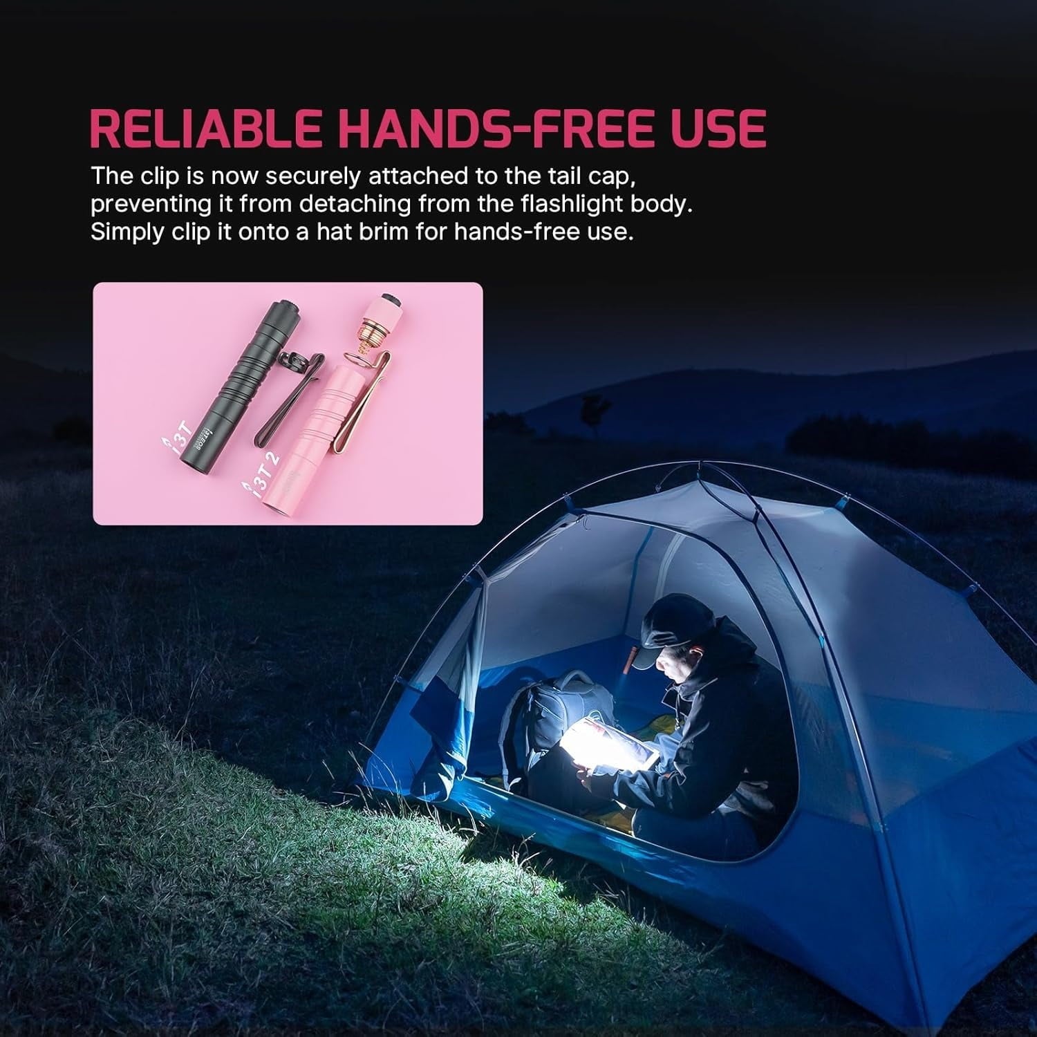 I3T 2 EOS Pocket EDC Flashlight, 200 Lumens Compact Bright Handheld Flash Lights, Dual-Output Tail Switch with AAA Battery and Two-Way Pocket Clip for Camping and Hiking (Black)