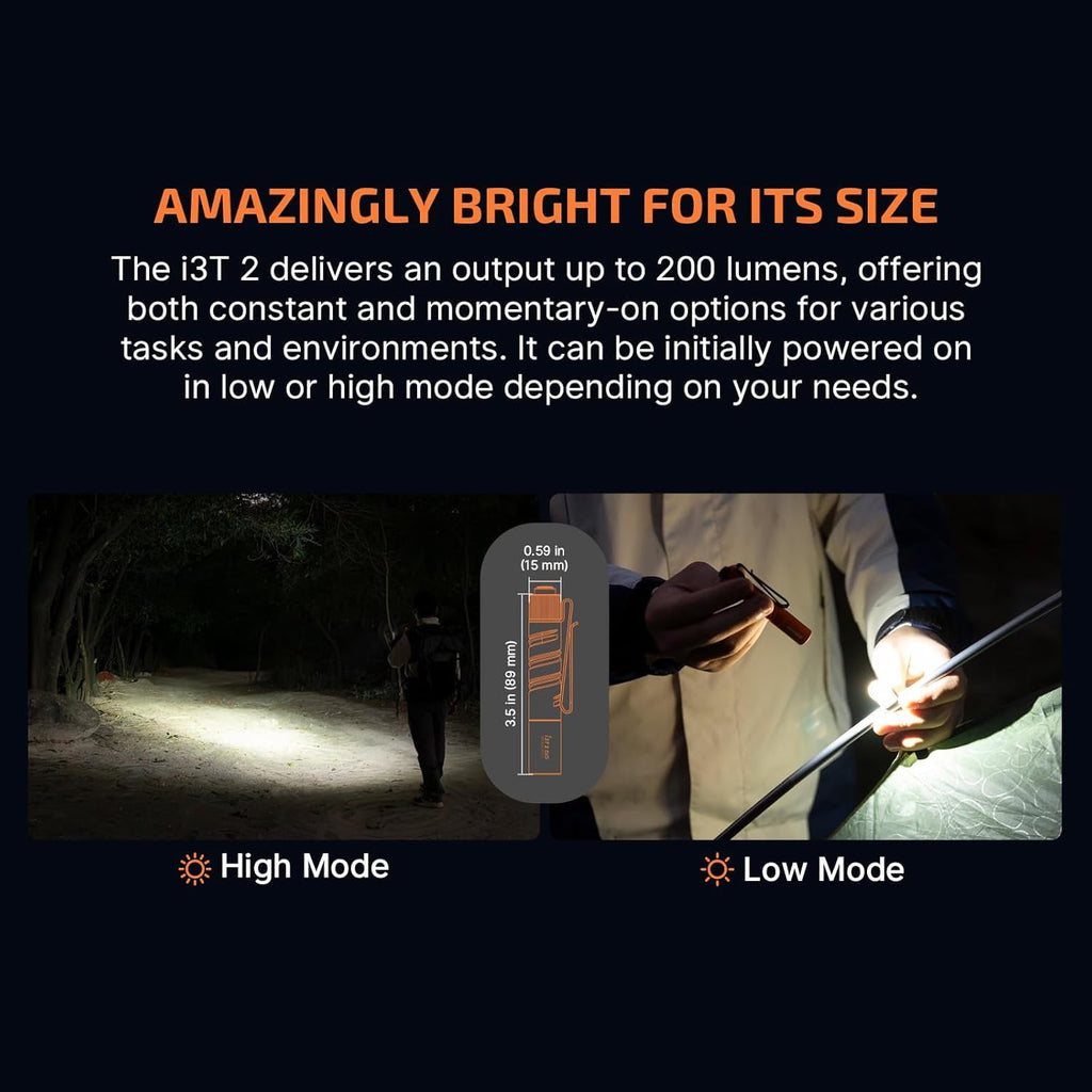 I3T 2 EOS Pocket EDC Flashlight, 200 Lumens Compact Bright Handheld Flash Lights, Dual-Output Tail Switch with AAA Battery and Two-Way Pocket Clip for Camping and Hiking (Black)