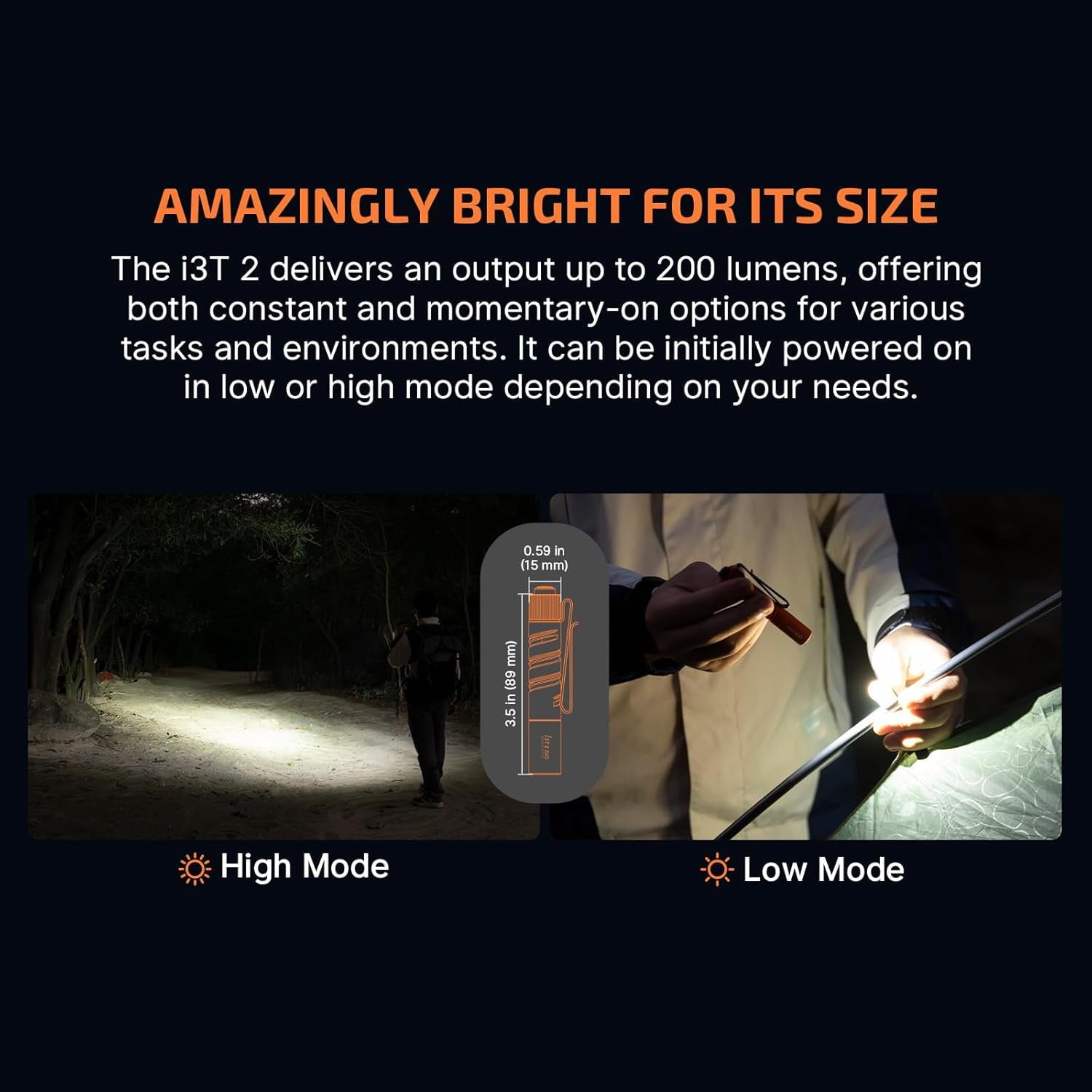 I3T 2 EOS Pocket EDC Flashlight, 200 Lumens Compact Bright Handheld Flash Lights, Dual-Output Tail Switch with AAA Battery and Two-Way Pocket Clip for Camping and Hiking (Black)