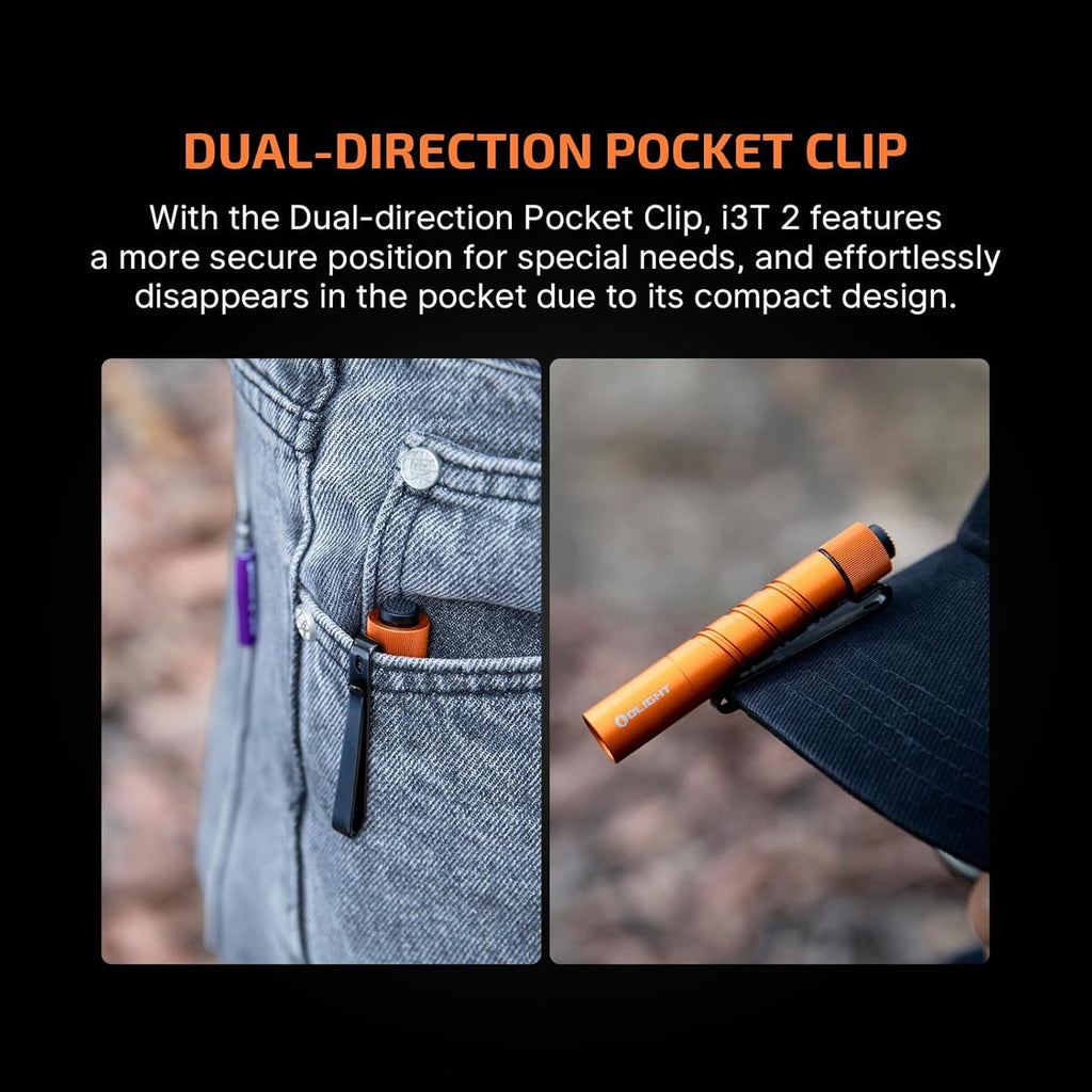 I3T 2 EOS Pocket EDC Flashlight, 200 Lumens Compact Bright Handheld Flash Lights, Dual-Output Tail Switch with AAA Battery and Two-Way Pocket Clip for Camping and Hiking (Black)
