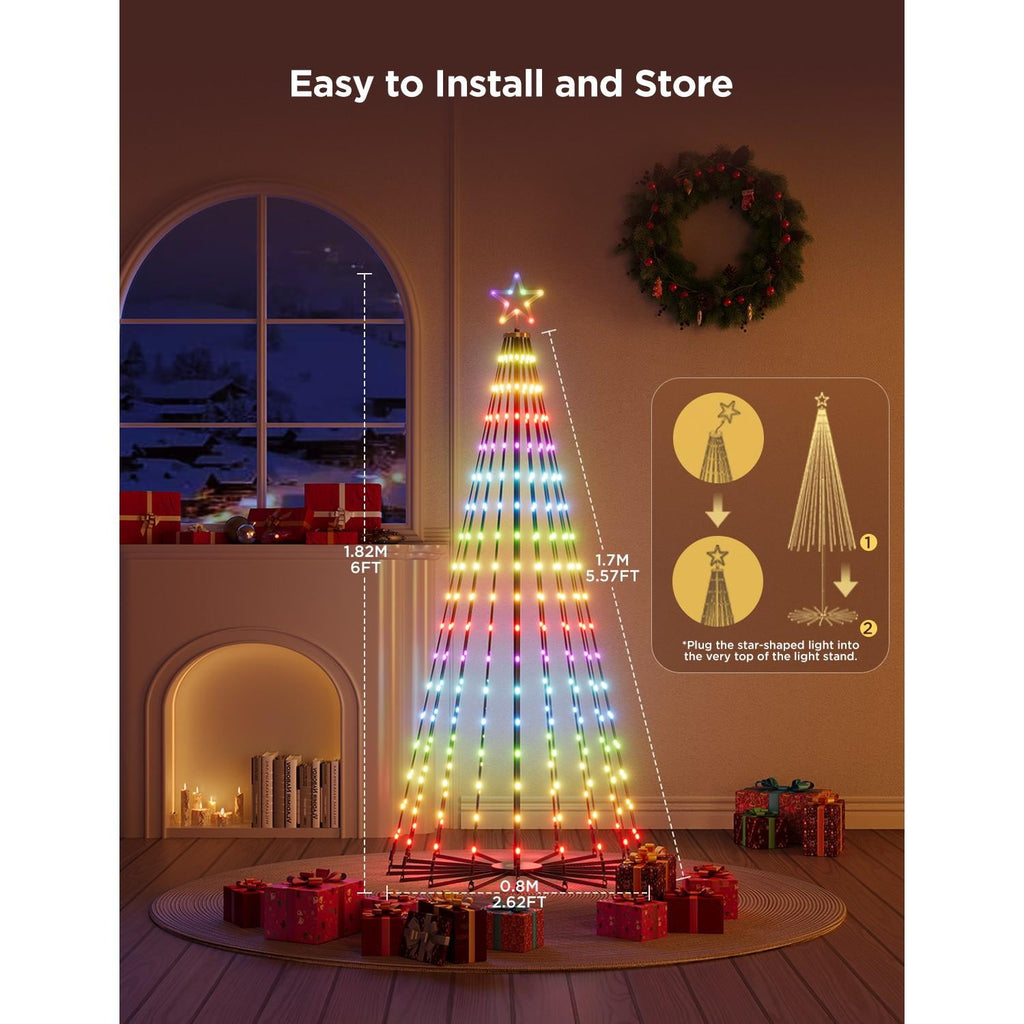 Christmas Cone Tree Lights 6ft with 66 Scene Modes, Black, IP65 Waterproof for Indoor Outdoor Xmas Decor, Remote Control, Dimmable