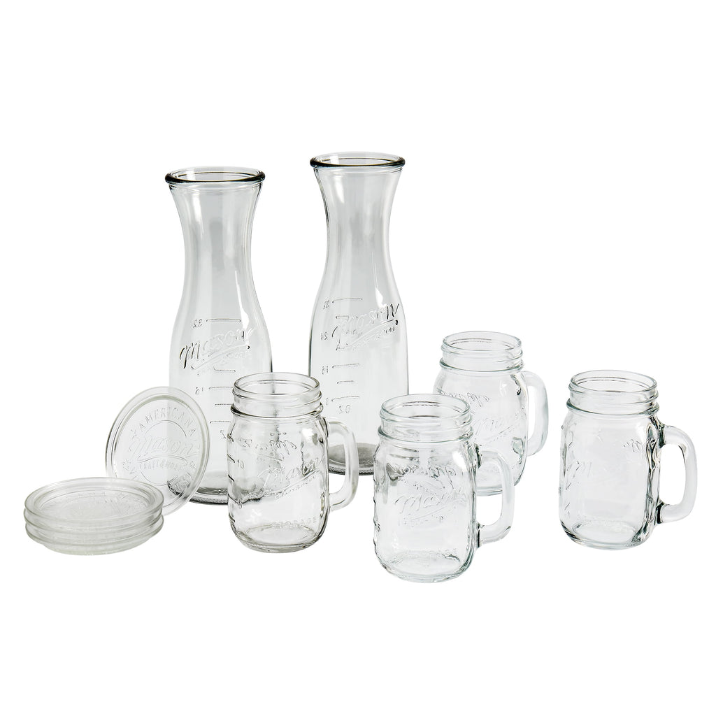 Mason Craft &amp; More 10 Piece Glass Drinkware Set, Carafes, Drinking Jars, and Coasters